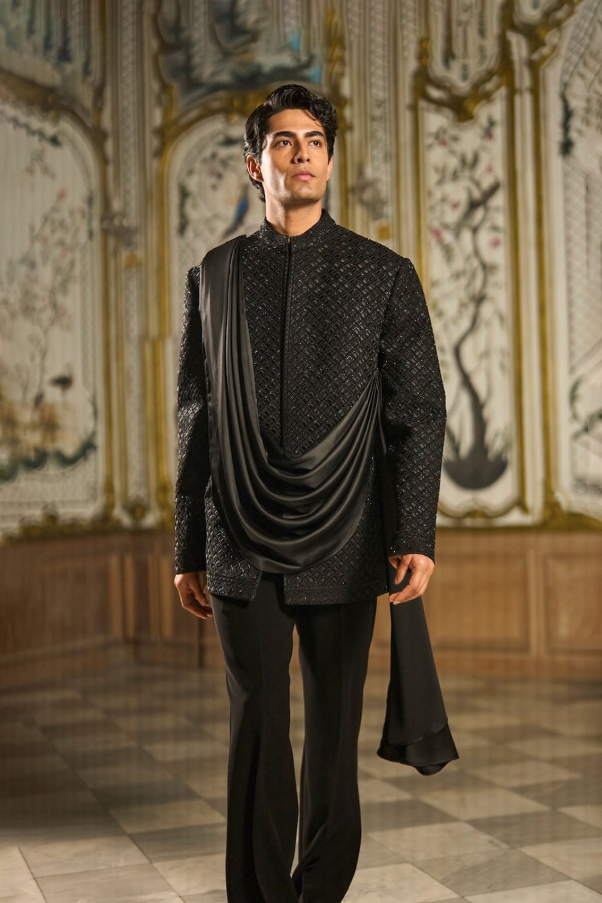 Black Draped Bandhgala Set