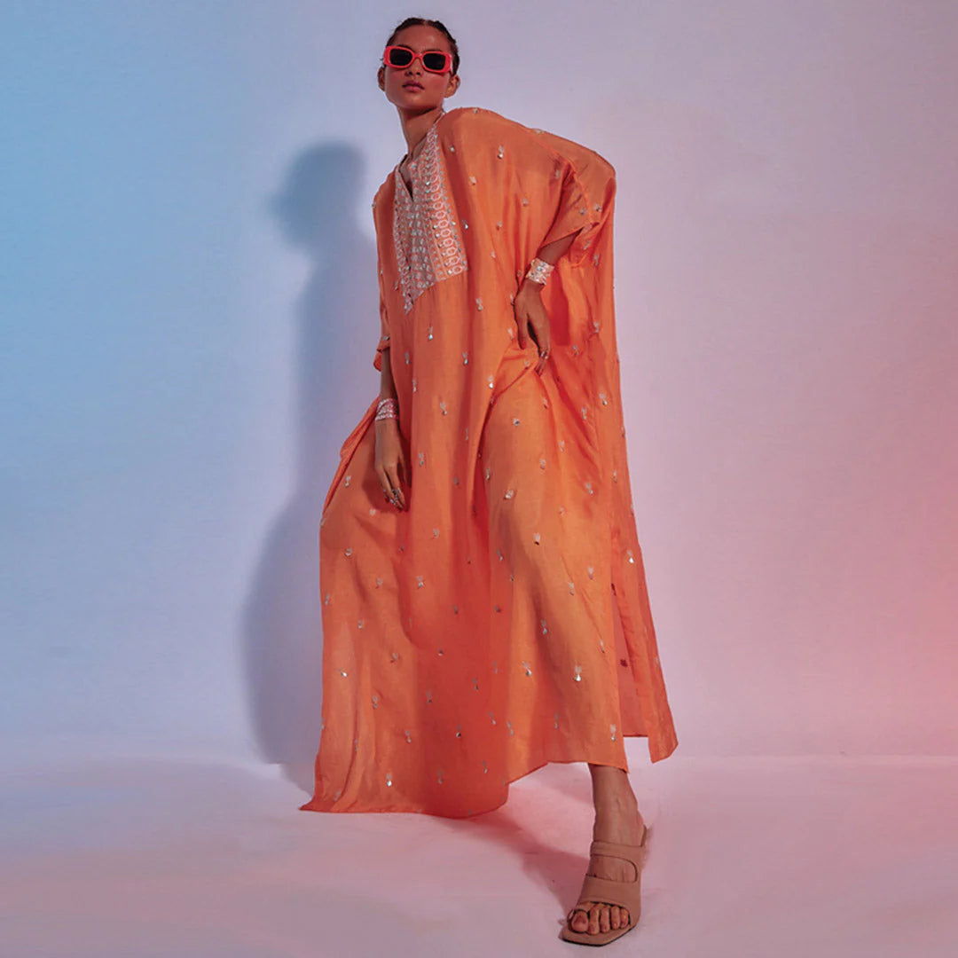 RED RASA JAAL KAFTAN STYLE JUMPSUIT WITH PATCHWORK BELT