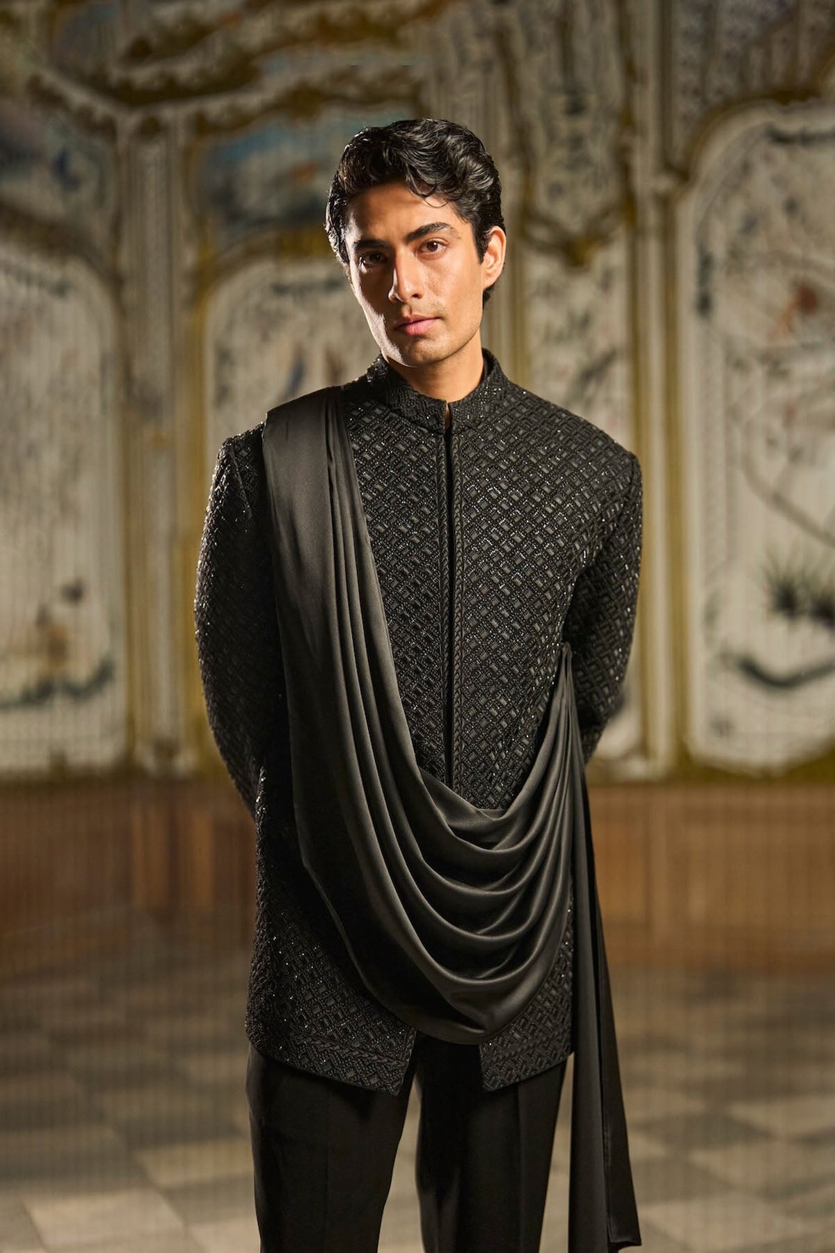 Black Draped Bandhgala Set