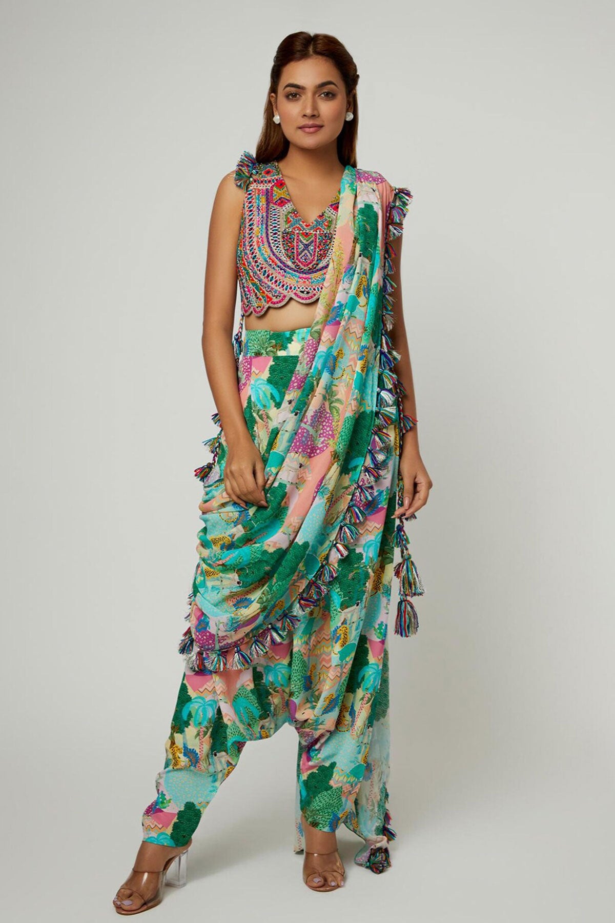 Multi Color Crepe Printed Forest V-neck Pre-draped Pant Saree With Blouse - Ready to Ship