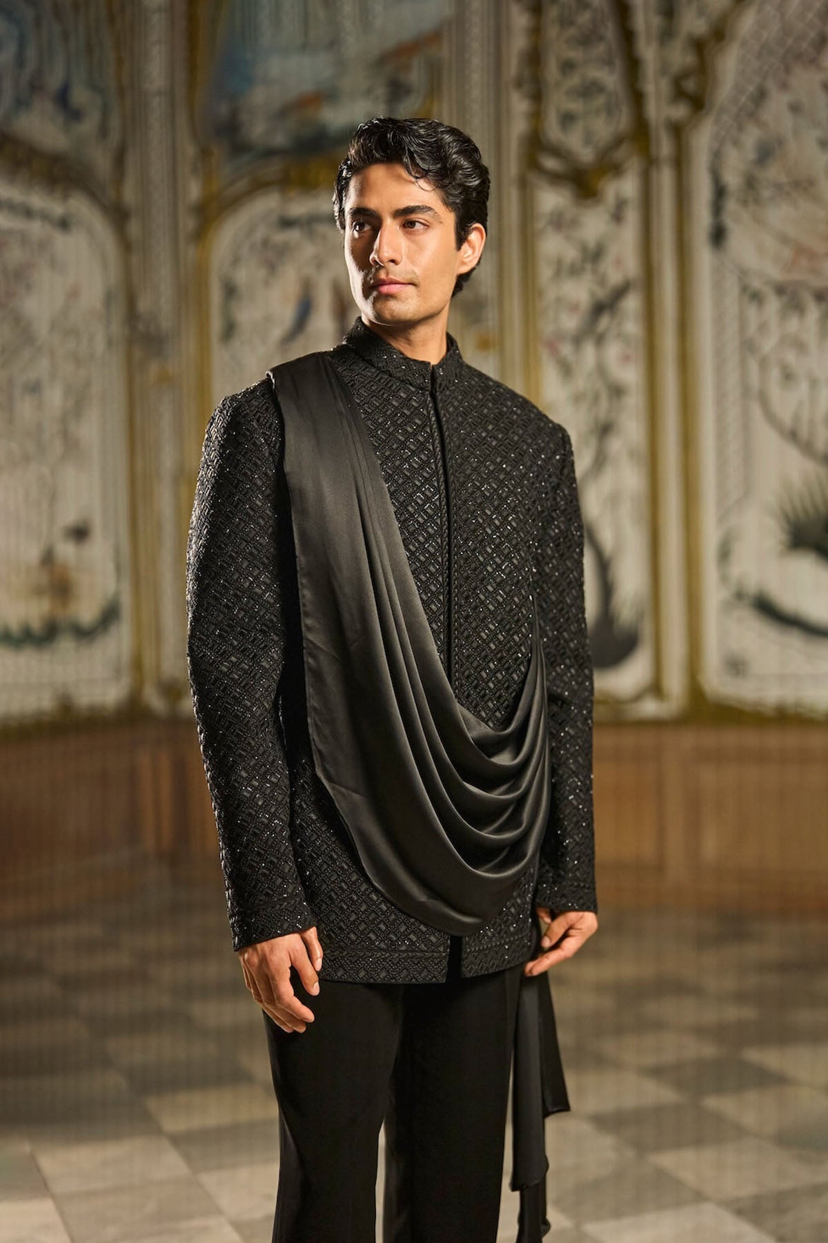 Black Draped Bandhgala Set