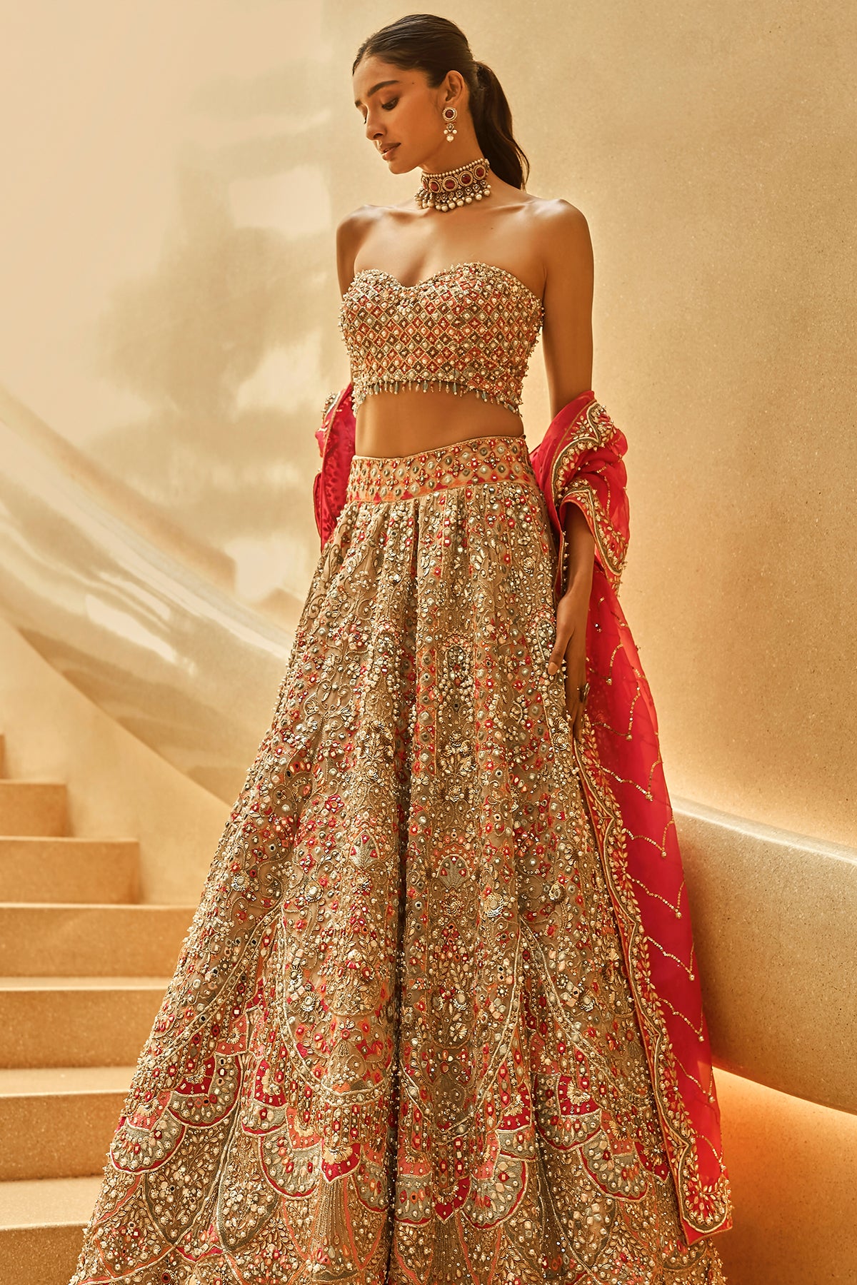 NUDE AND FUSCIA LEHENGA SET