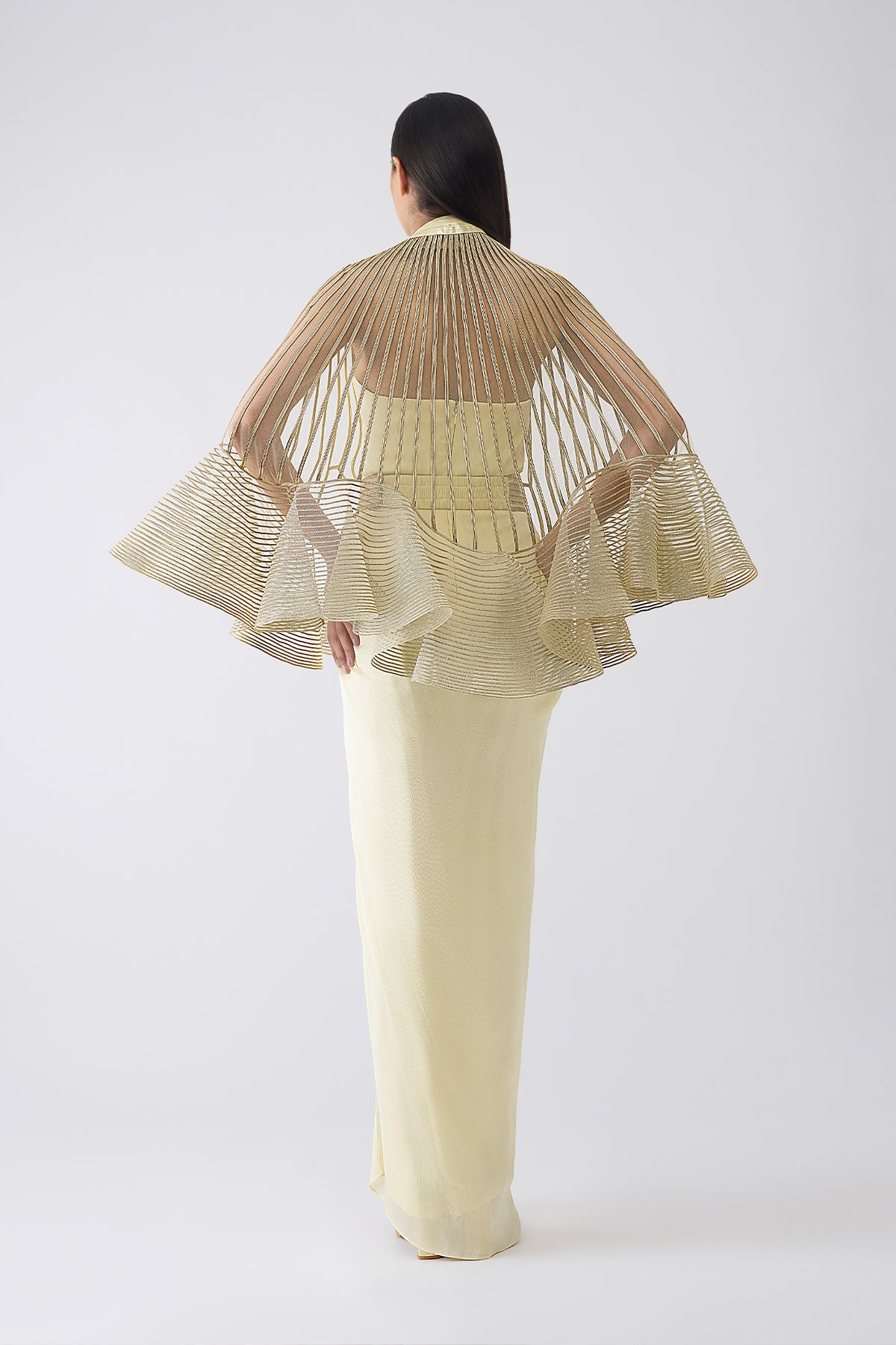 Metallic Corded Ruffle Cape And Dress With Belt