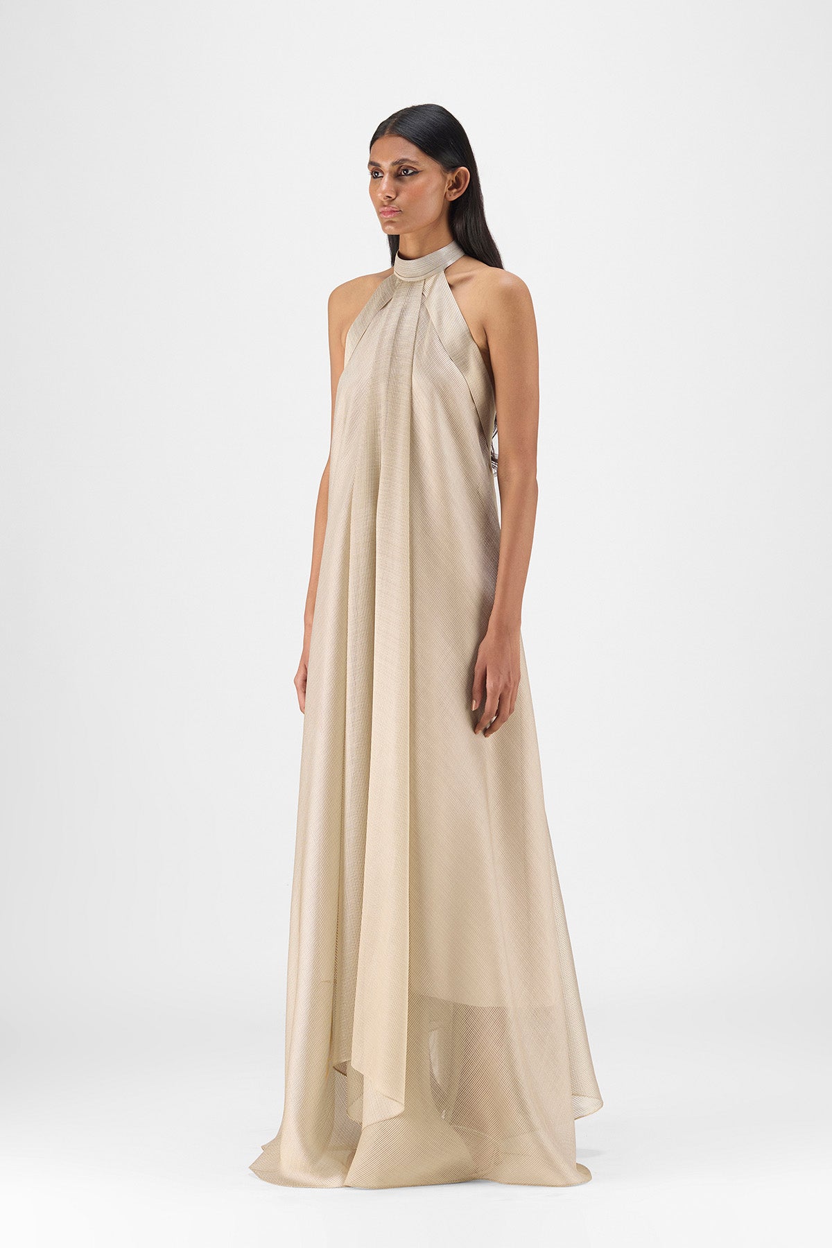 METALLIC FLUID HALTER DRESS
