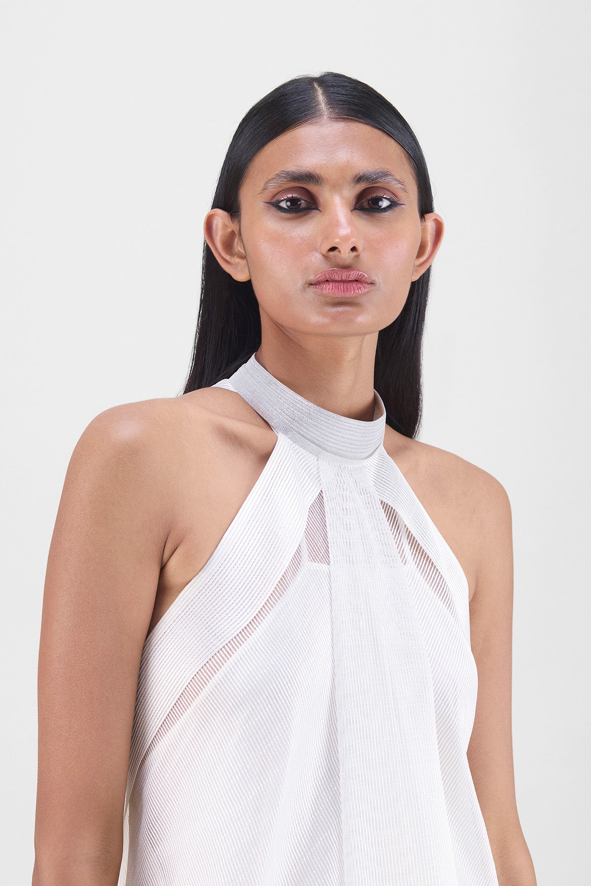 METALLIC FLUID HALTER DRESS