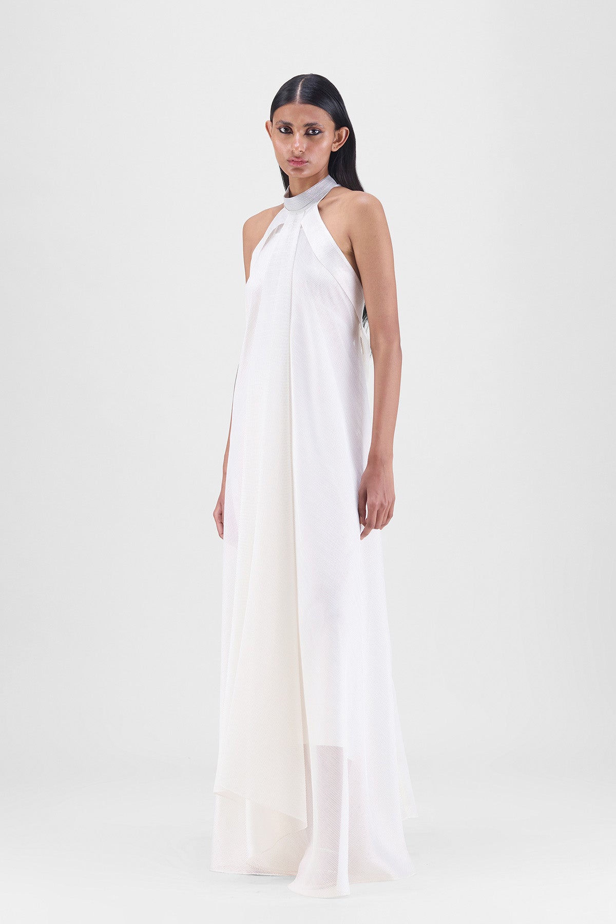 METALLIC FLUID HALTER DRESS