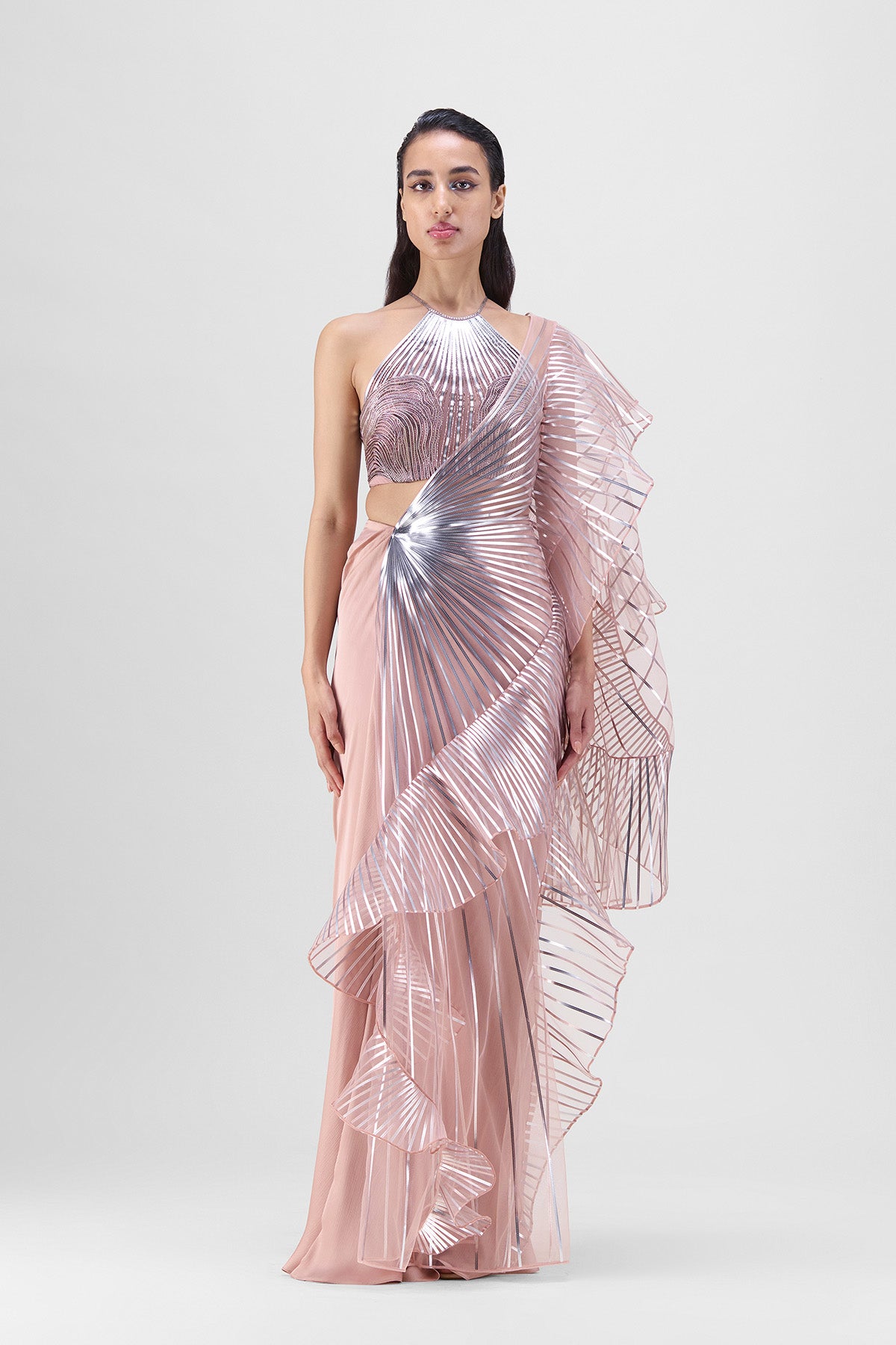 Metallic Winged Ruffle Saree
