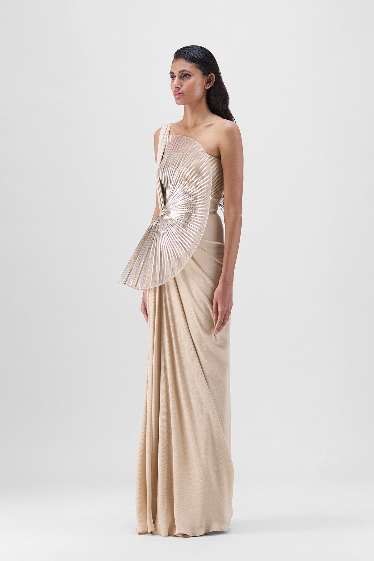 Metallic Sun Ray Draped Gown