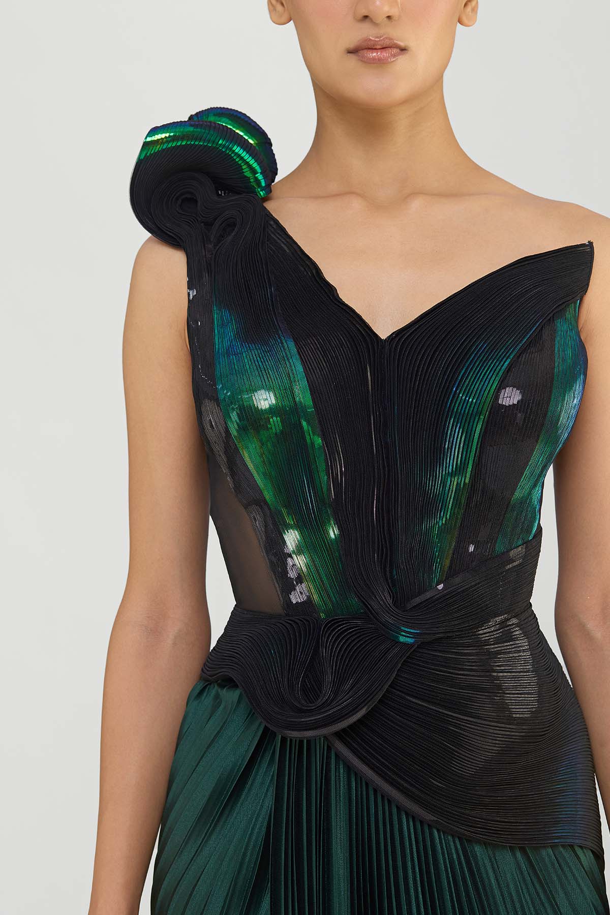 Metallic Off The Shoulder Gown With Plisse Drape