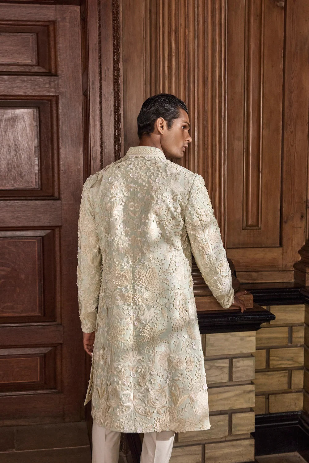 Sea Green Three Dimensional Floral Sherwani Set