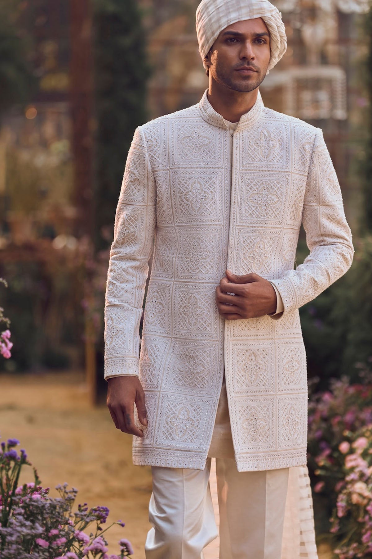 Ivory Geometric Sherwani Set