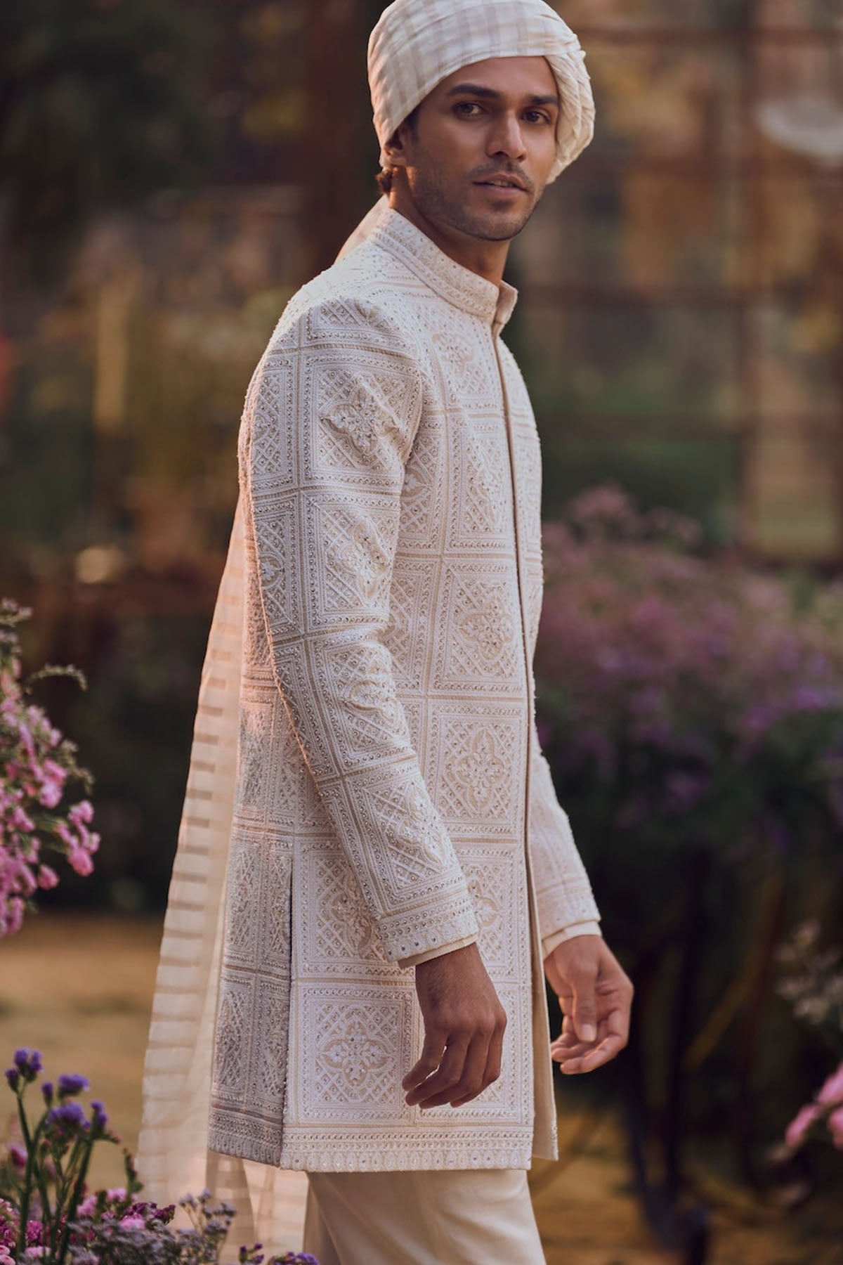 Ivory Geometric Sherwani Set