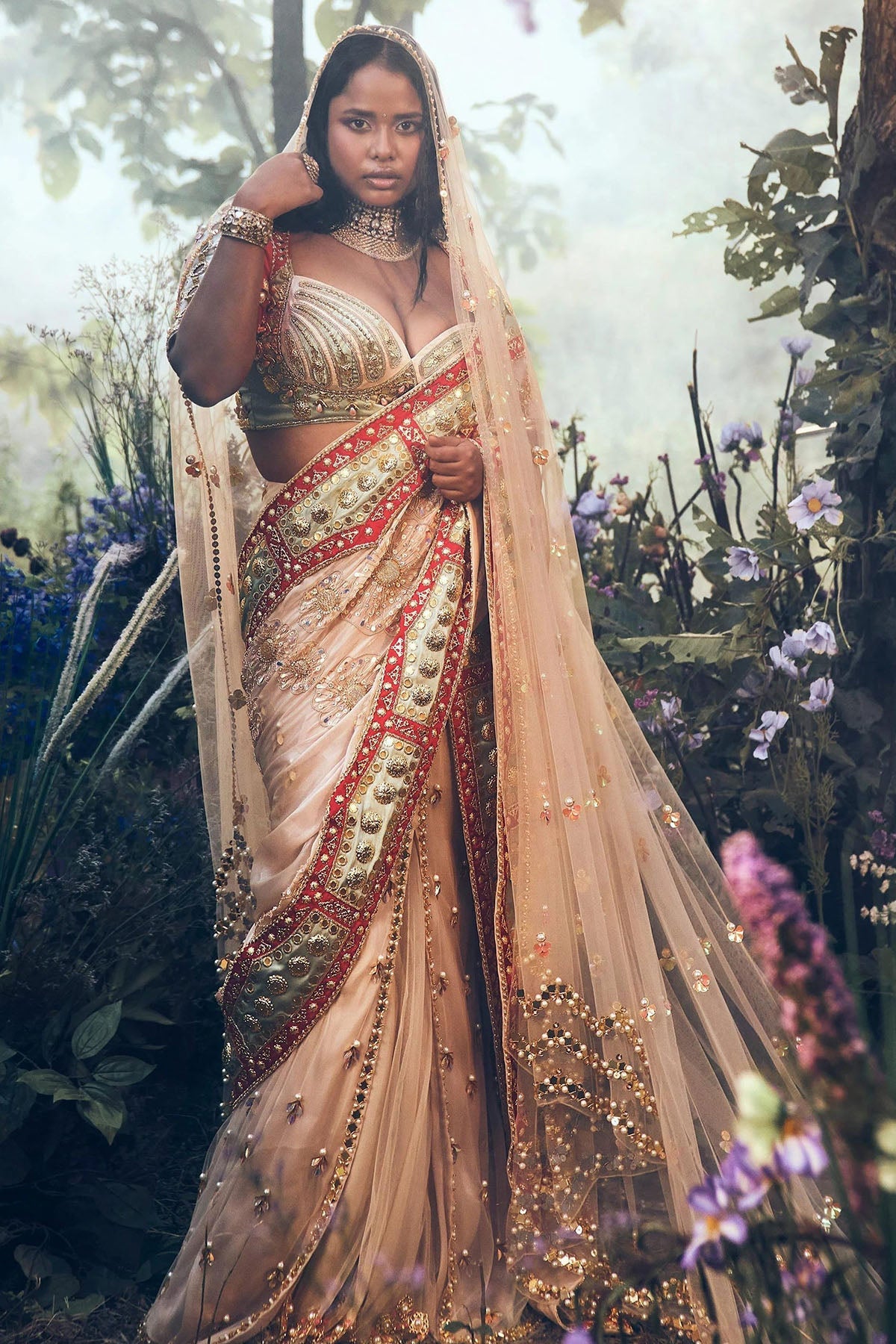 IVORY & RED SAREE SET