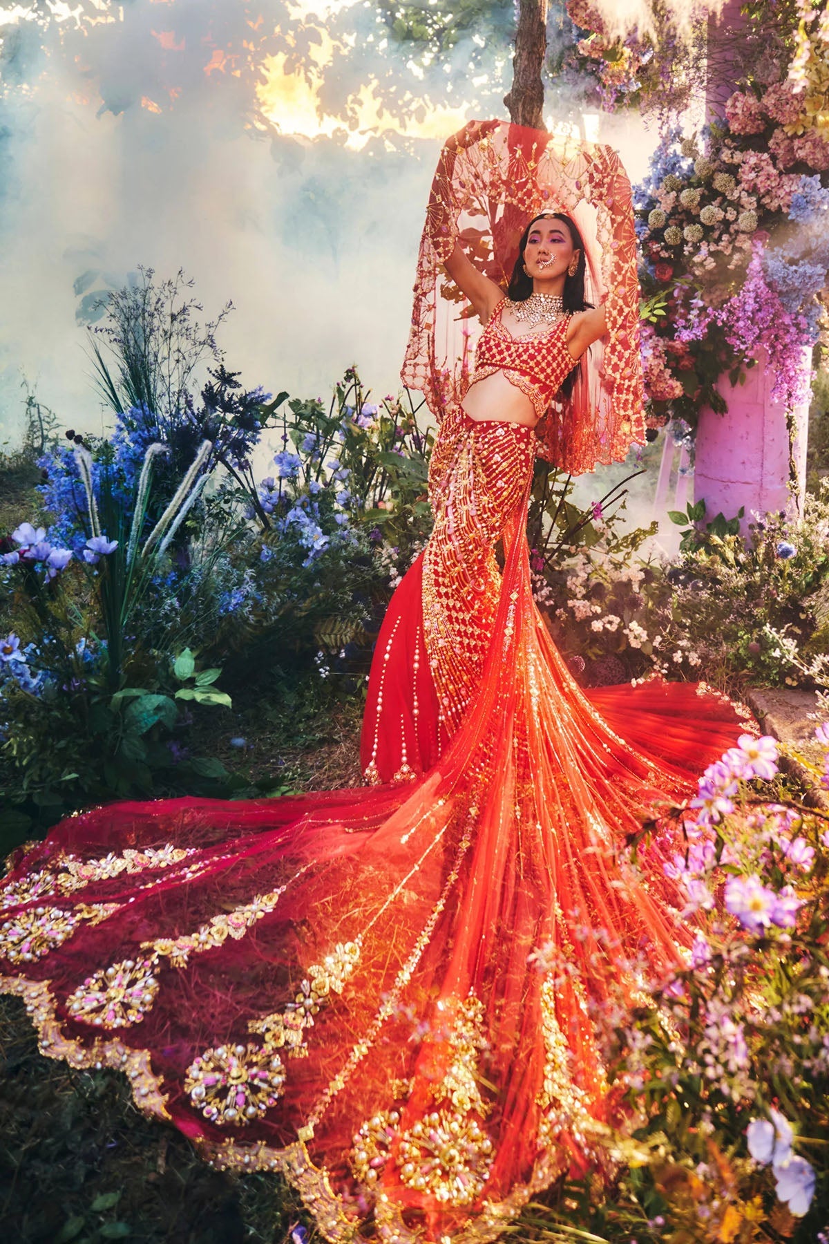 PORTIA - FIERY RED MERMAID CUT LEHENGA SET