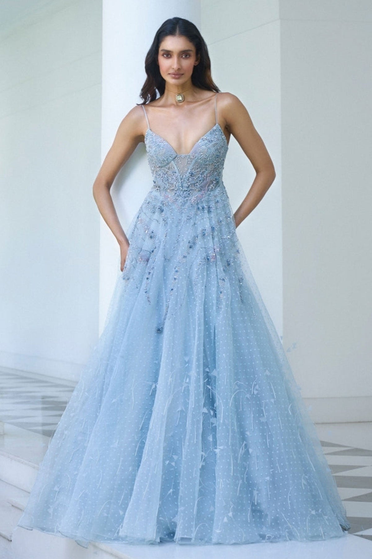 light blue organza dress Cute A Line Spaghetti Straps Light Blue Glitter Organza Satin Prom Dress, Blue / 0