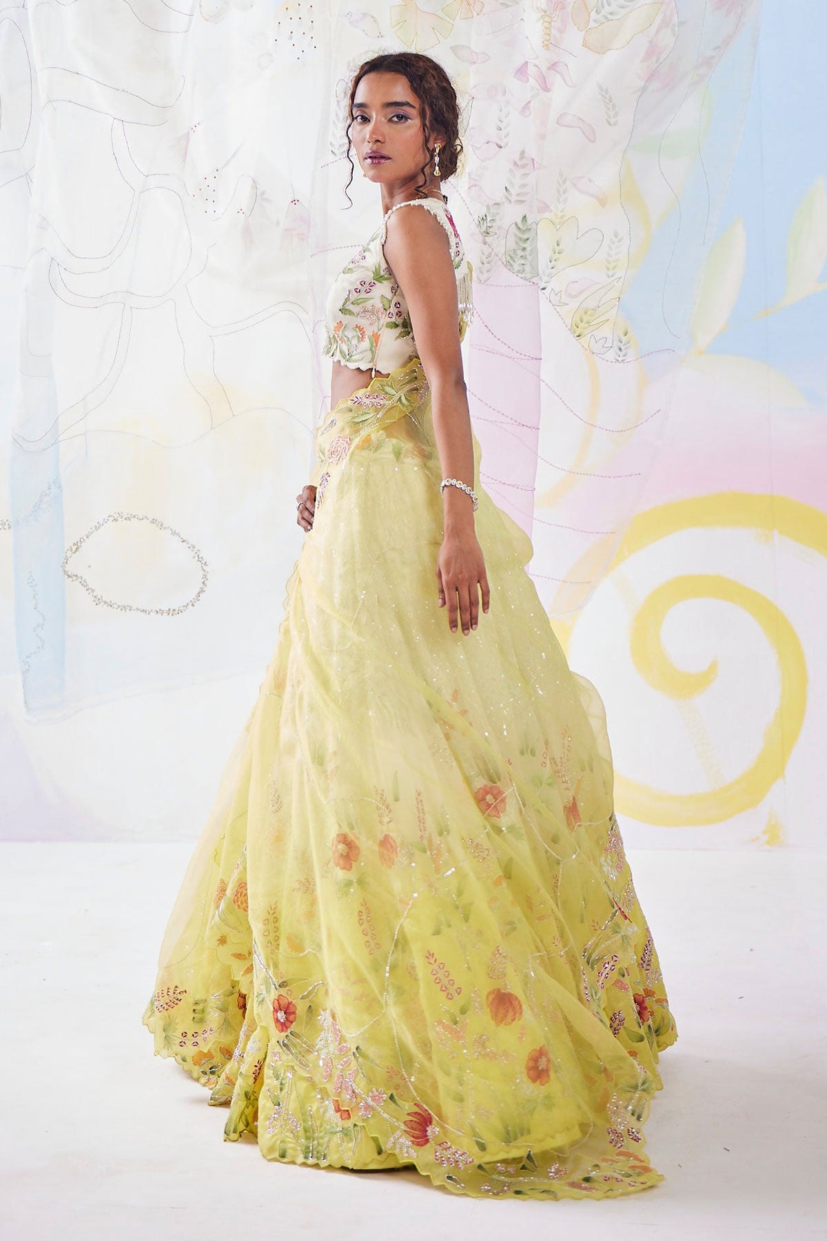 Mimosa Ivory Yellow Handpainted Lehenga Set