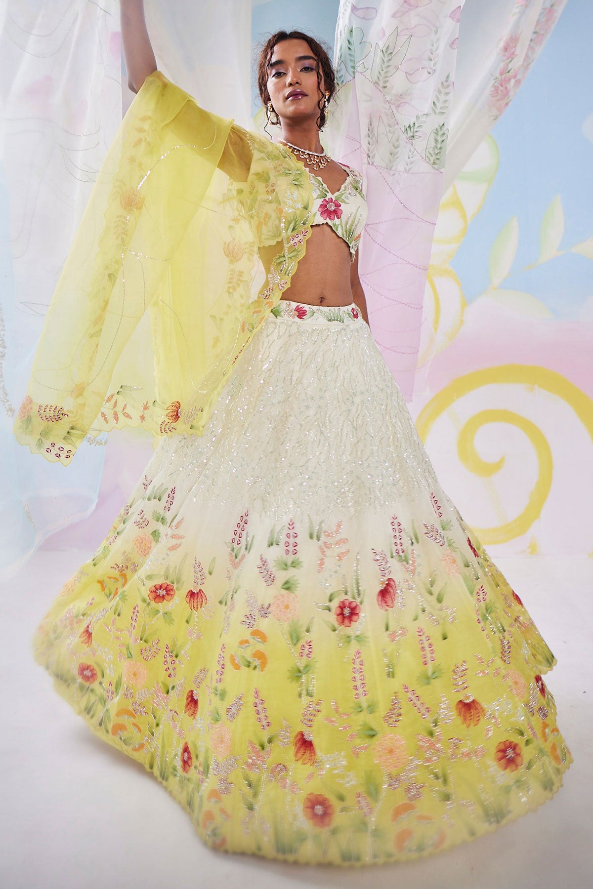 Mimosa Ivory Yellow Handpainted Lehenga Set