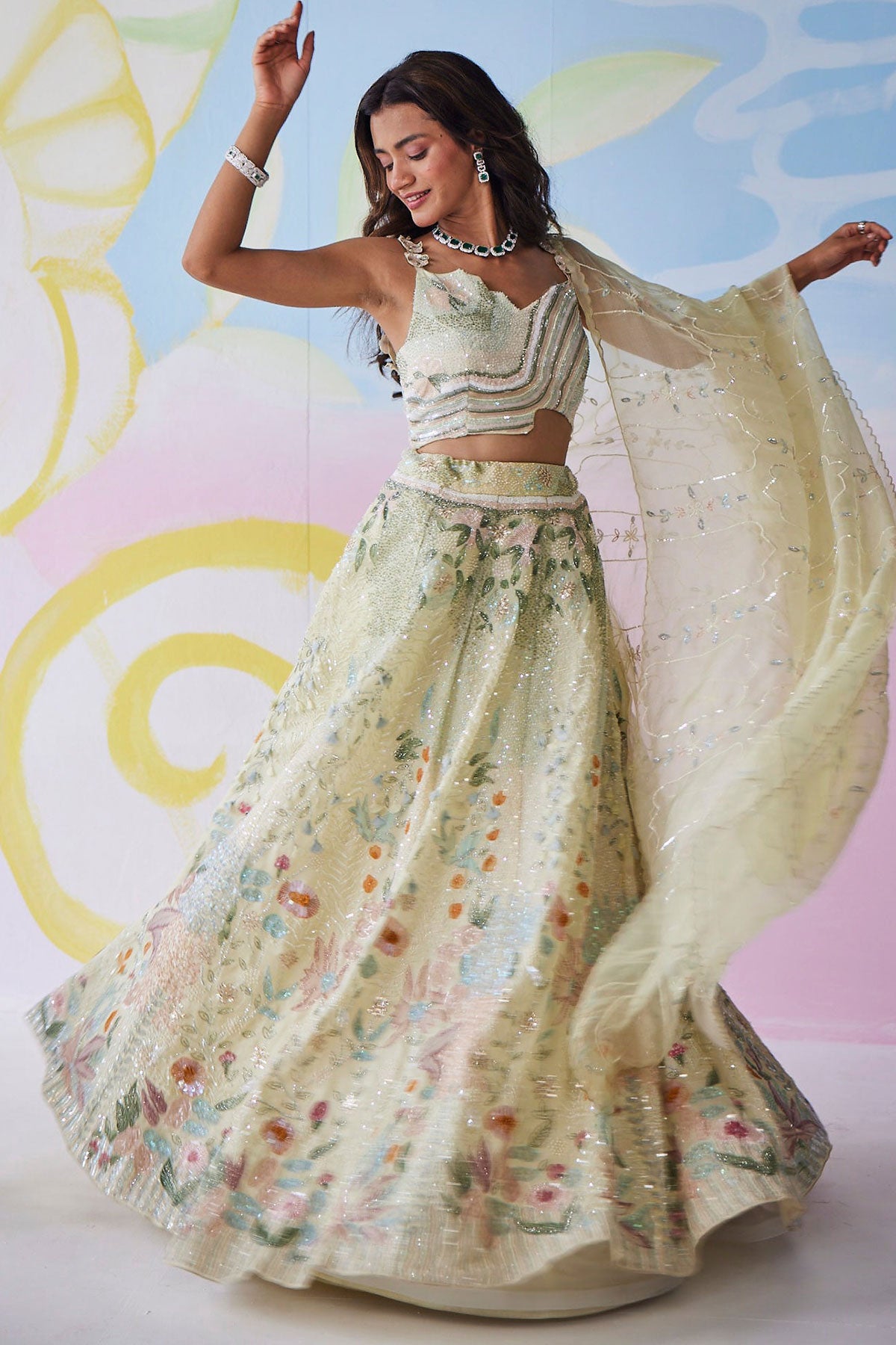 Mistelle Pastel Yellow Handpainted Lehenga