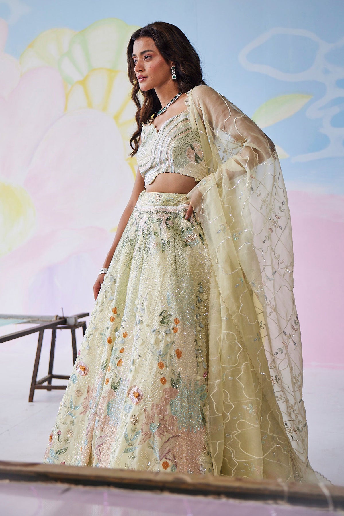 Mistelle Pastel Yellow Handpainted Lehenga