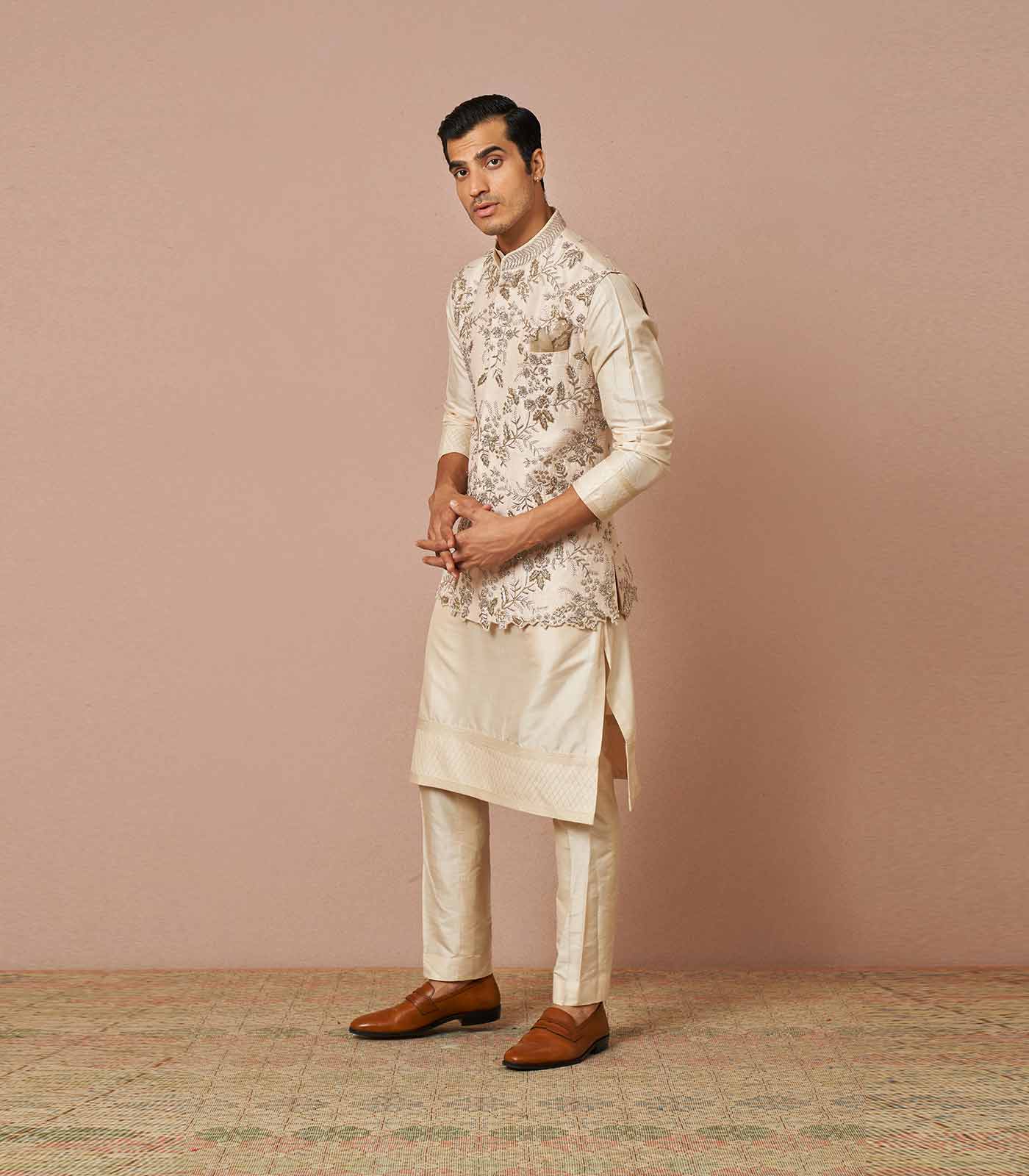 IVORY RASWILK EMBROIDERED BANDI KURTA SET