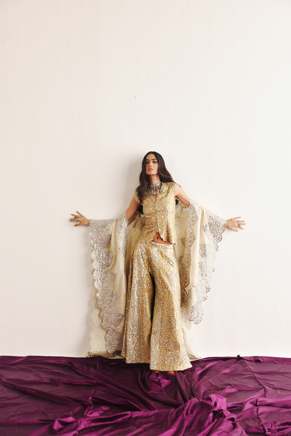 Cape With Gilet And Dual Color Flared Sharara