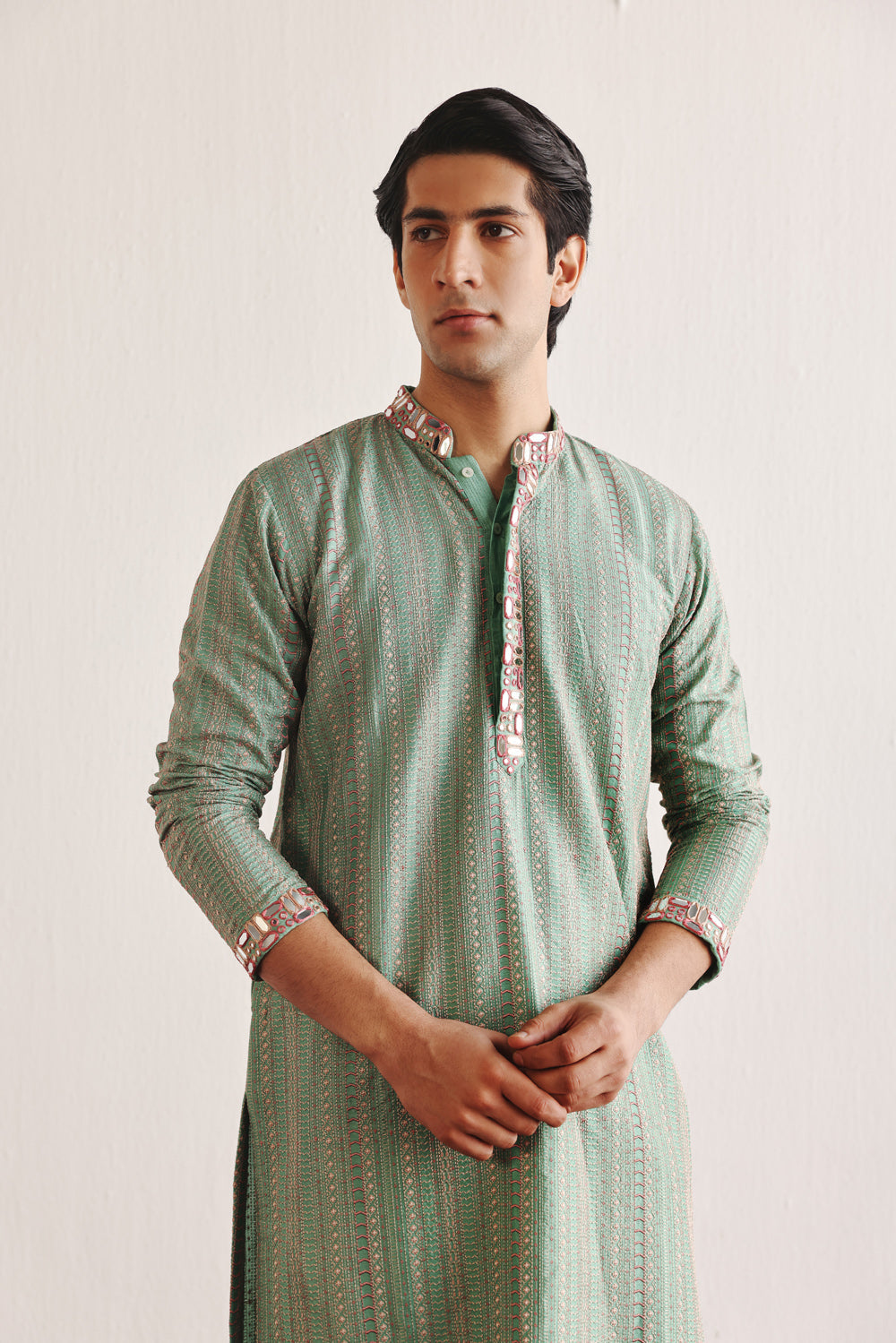 Sea Green Kantha Work Kurta With Mirrorwork