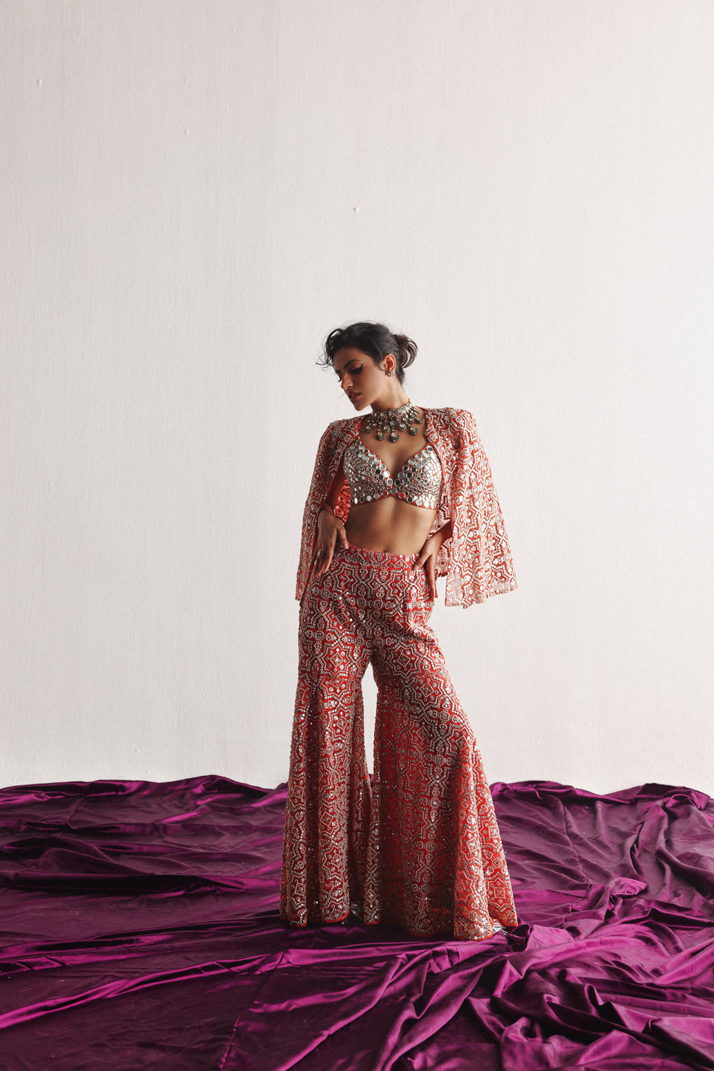 Cape Sleeves Jacket With Mirrorwork Bralette And Sharara