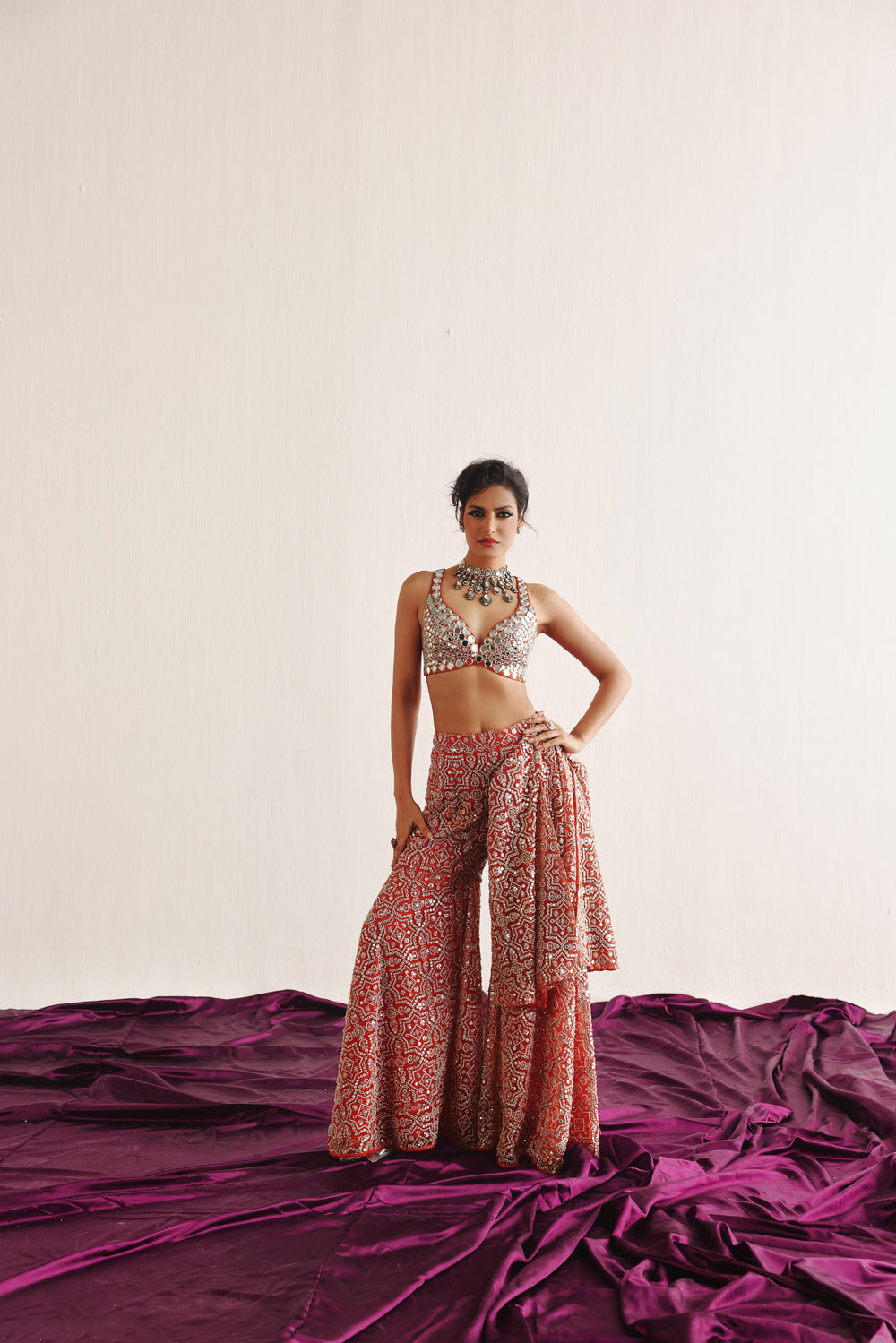 Cape Sleeves Jacket With Mirrorwork Bralette And Sharara