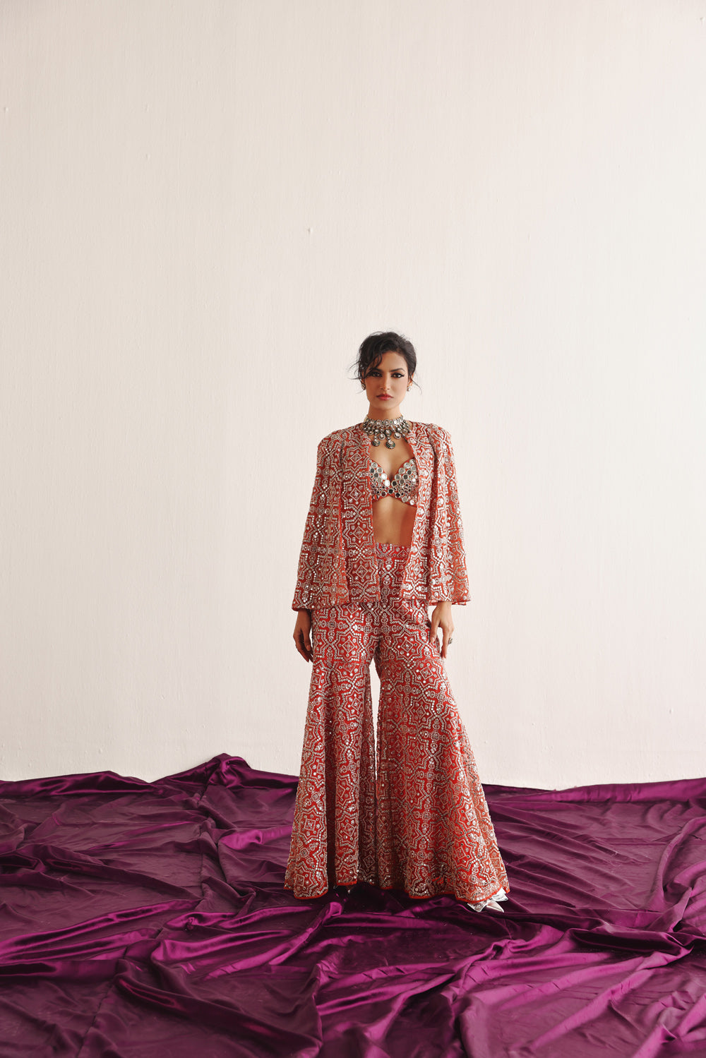 Cape Sleeves Jacket With Mirrorwork Bralette And Sharara