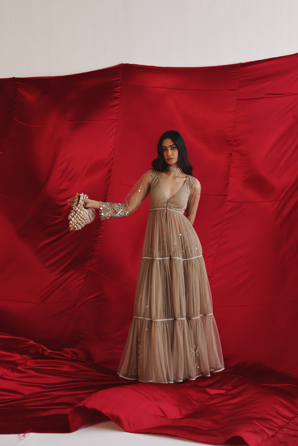 Layered Anarkali Jacket And Palazzos With Mirrorwork Custom / Regular