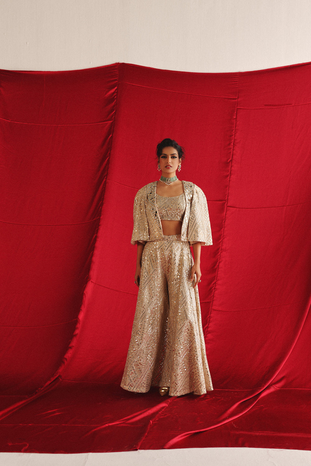 Tux Collar Cape Sleeves Jacket With Bandeau And Flared Shararas