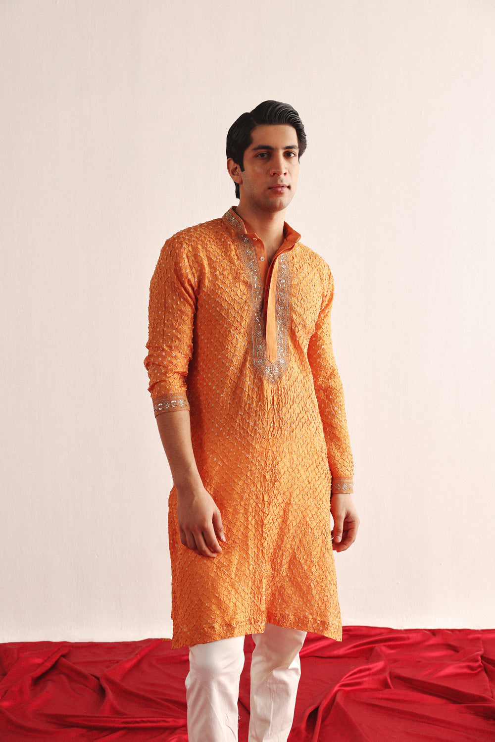 Mandarin Crushed Bandhani Kurta With Marodiwork