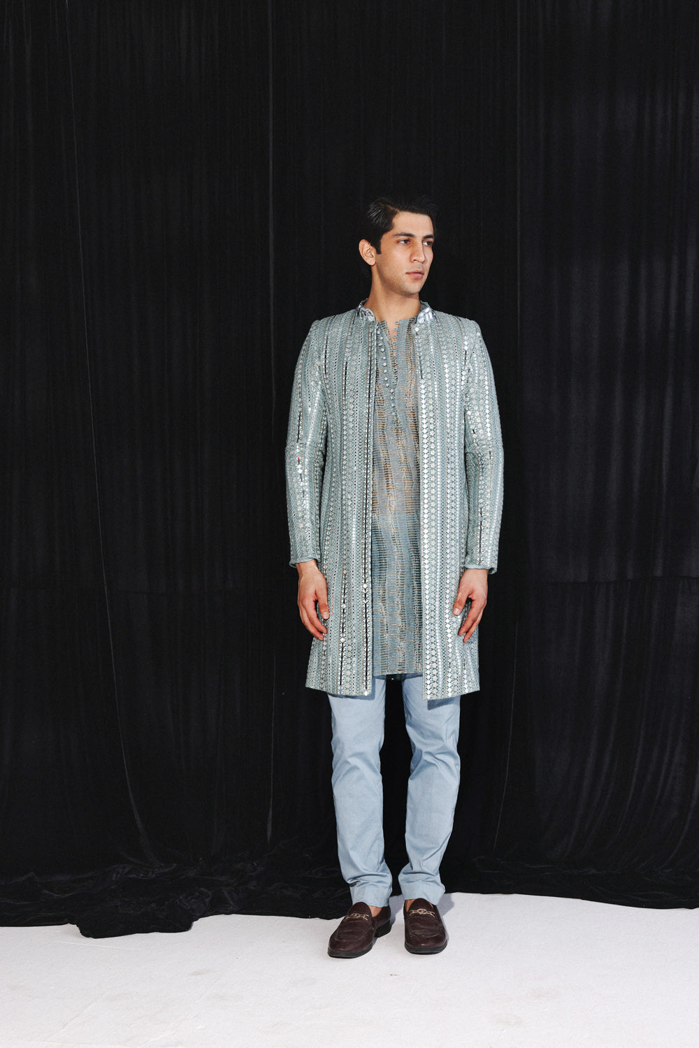 POWDER BLUE BANARASI TISSUE KURTA WITH PANTS
