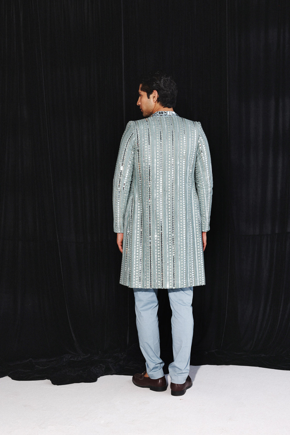 POWDER BLUE BANARASI TISSUE KURTA WITH PANTS