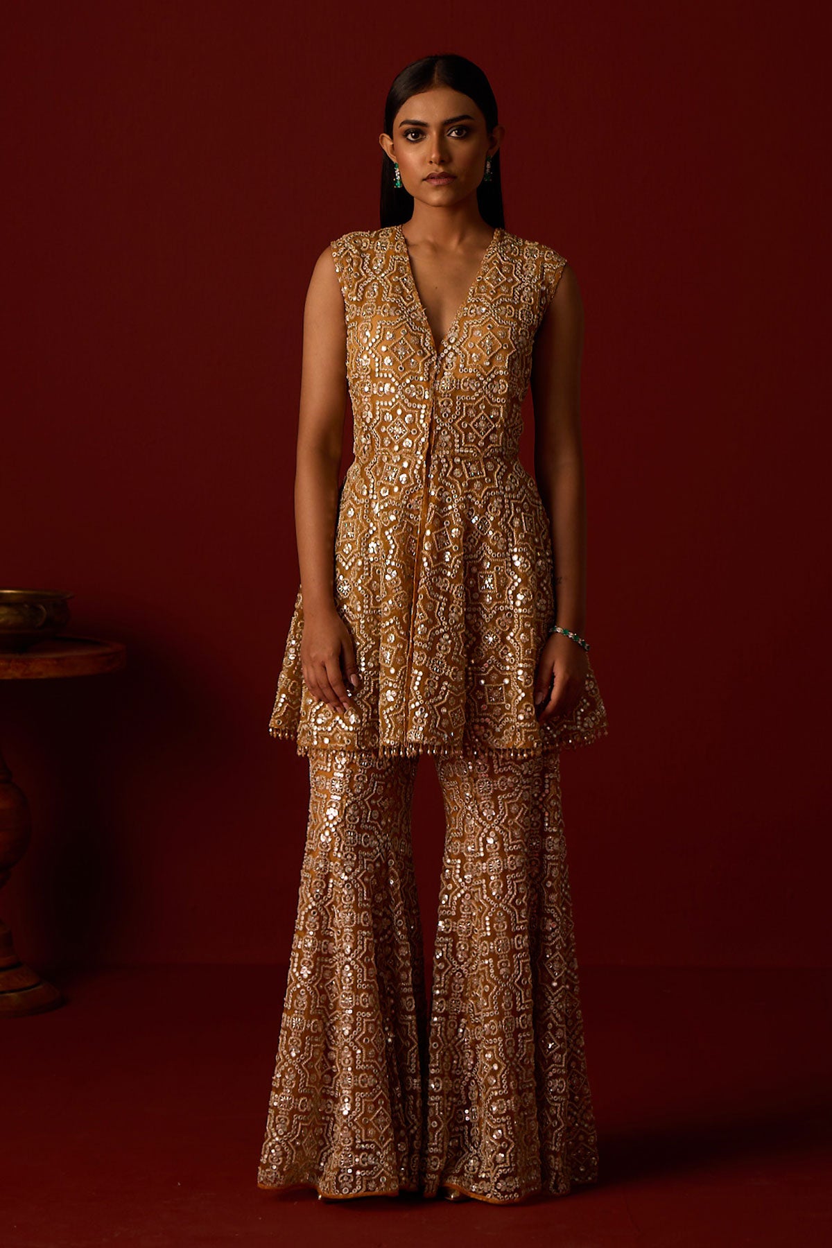 Peplum Top With Slit At Back and Hexagon Bootcut Pants