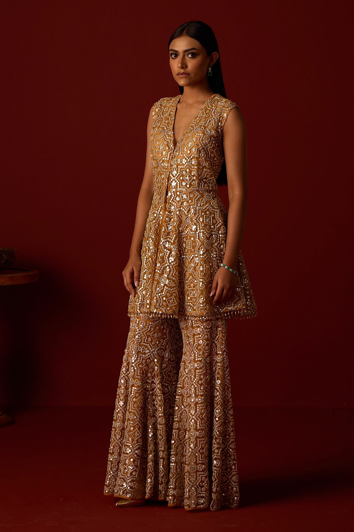 Peplum Top With Slit At Back and Hexagon Bootcut Pants