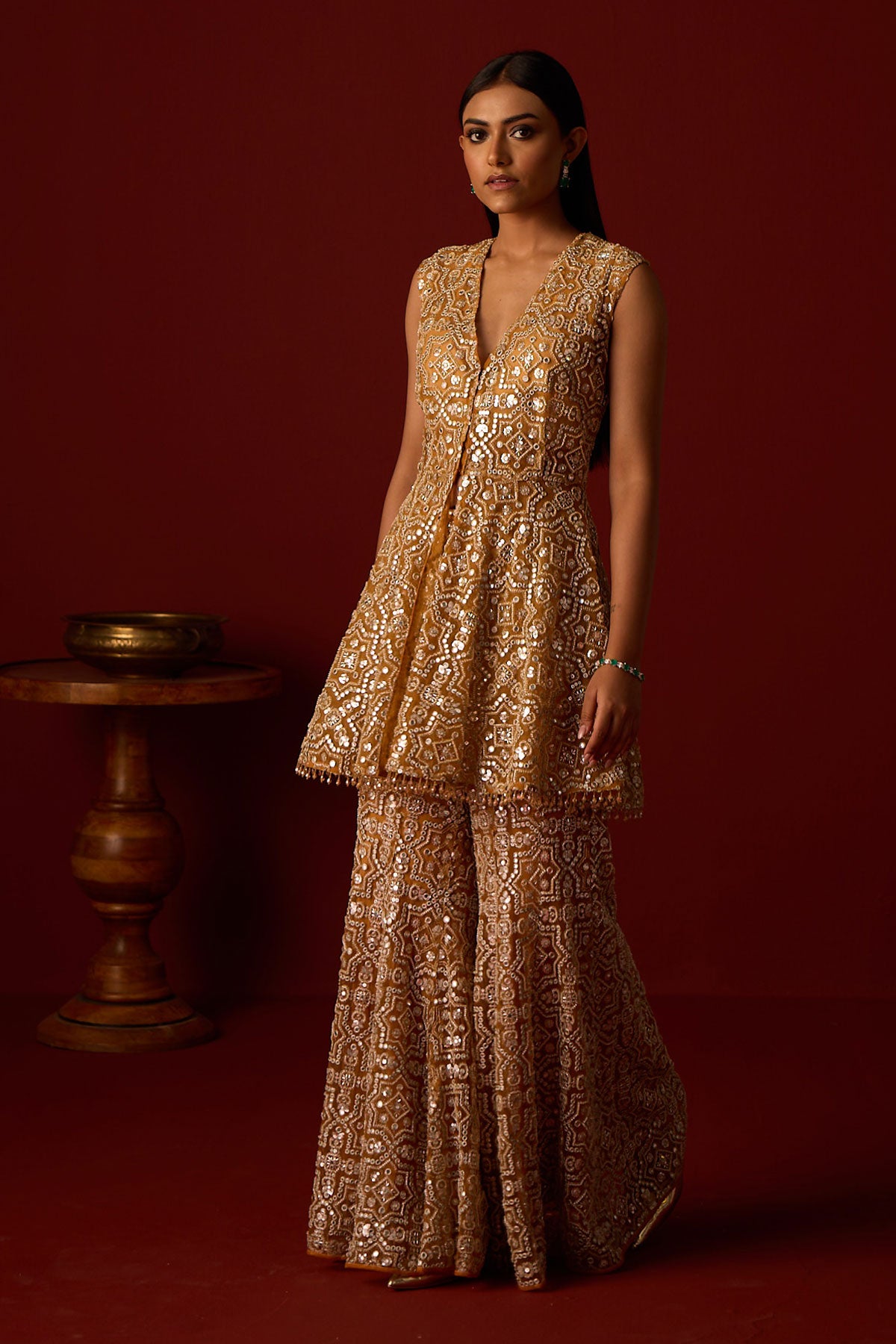 Peplum Top With Slit At Back and Hexagon Bootcut Pants