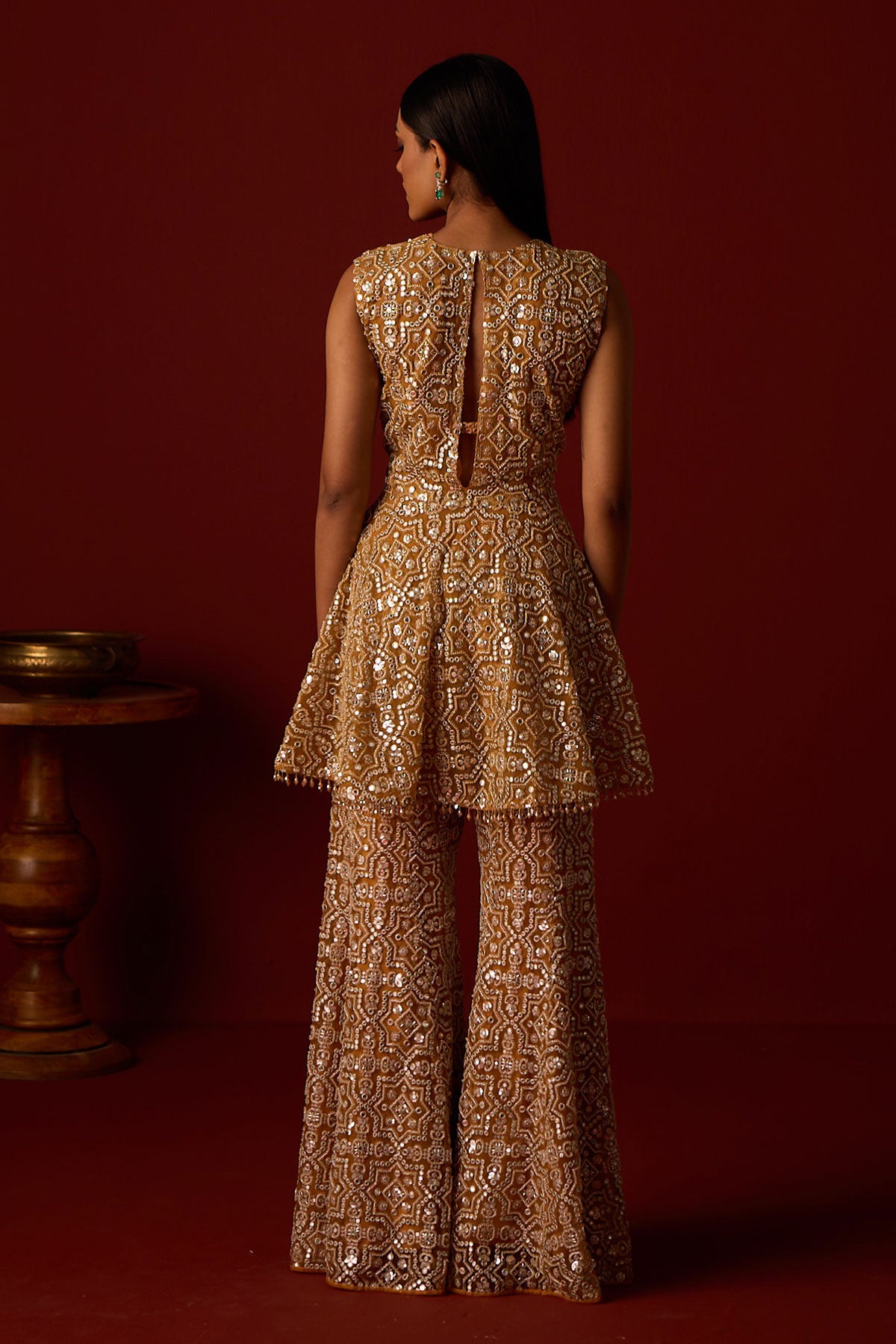 Peplum Top With Slit At Back and Hexagon Bootcut Pants