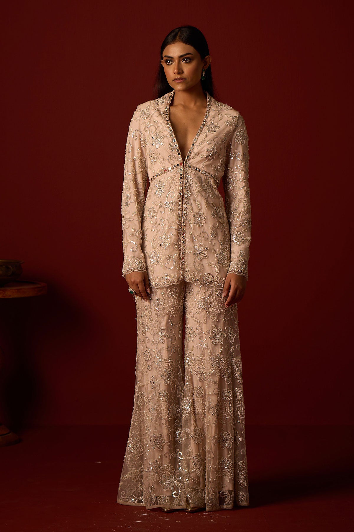 strapless open back dress Ivory Blush Shararas with Mirrorwork XL