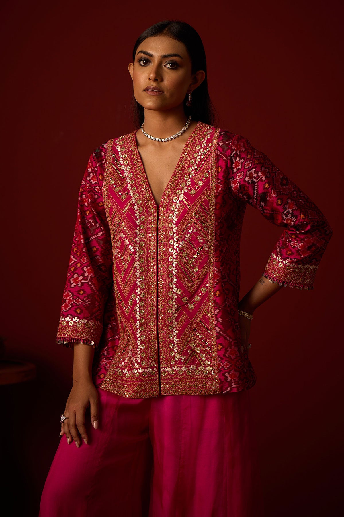 Patola Peplum Jacket With Marodiwork and Marodiwork Shararas and Crushed Dupatta