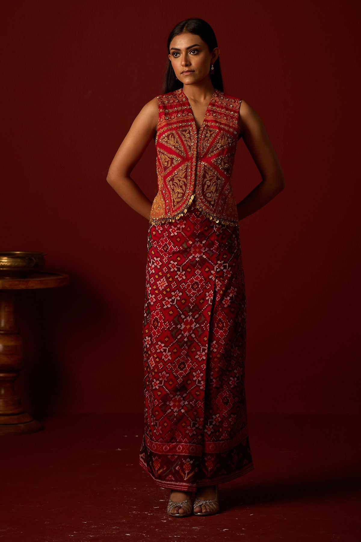 Marodiwork Gilet and Patola Box Pleat Skirt and Banarasi Bandhani Dupatta