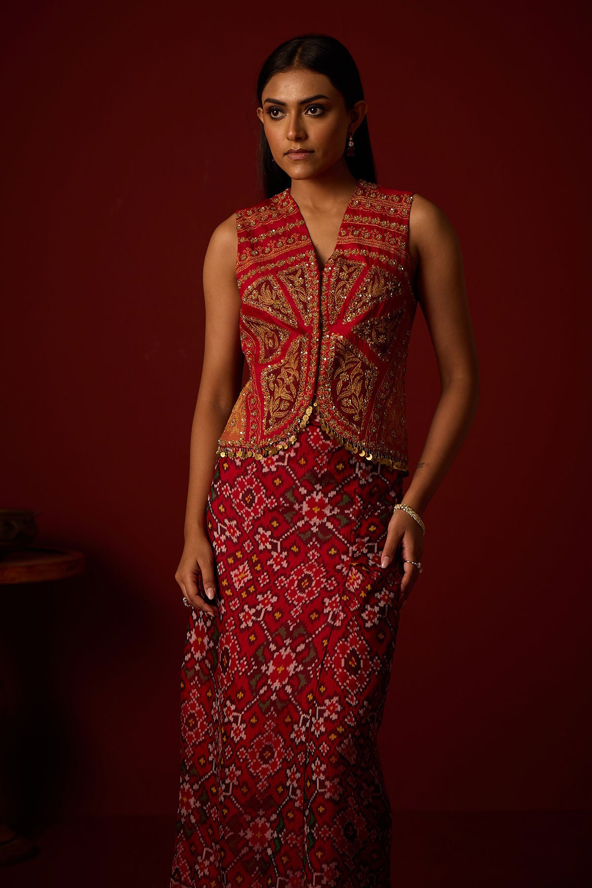 Marodiwork Gilet and Patola Box Pleat Skirt and Banarasi Bandhani Dupatta