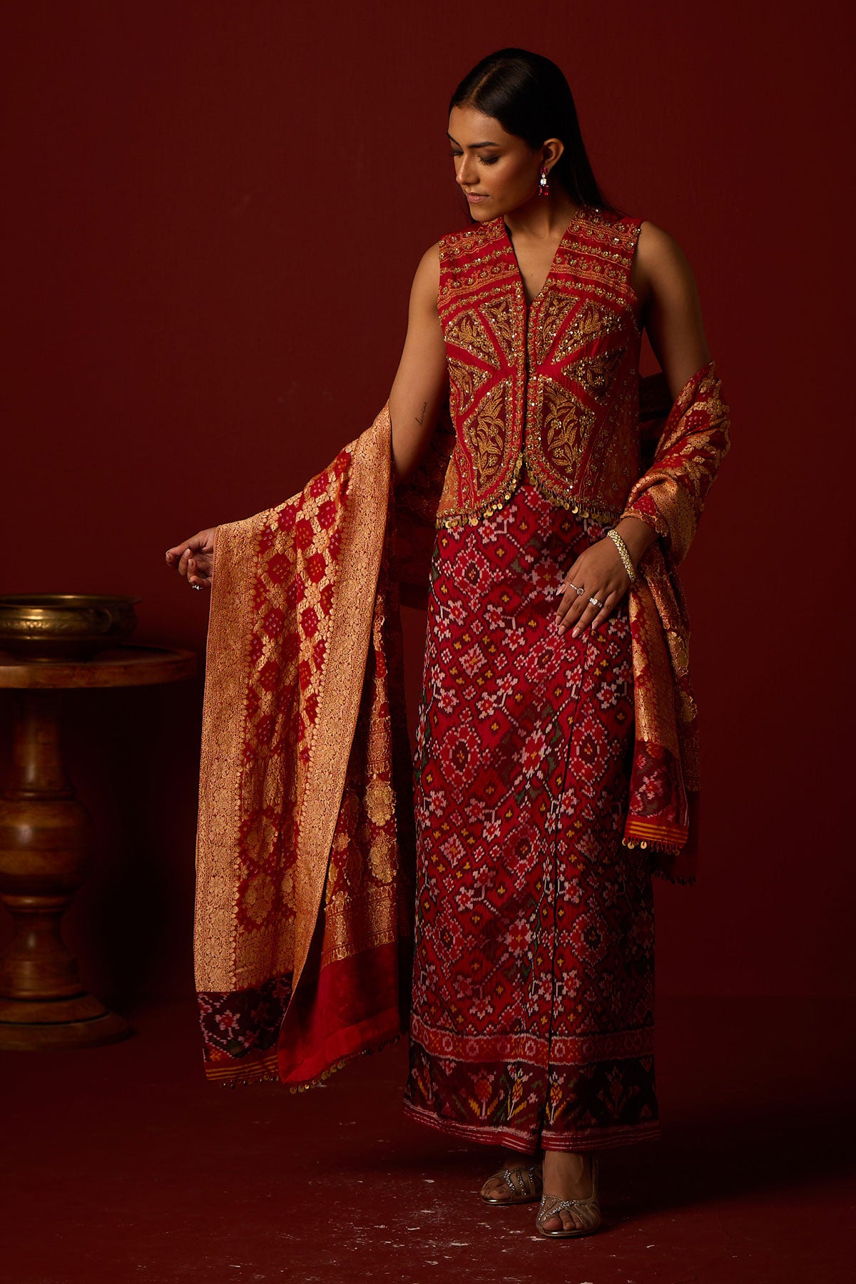 Marodiwork Gilet and Patola Box Pleat Skirt and Banarasi Bandhani Dupatta