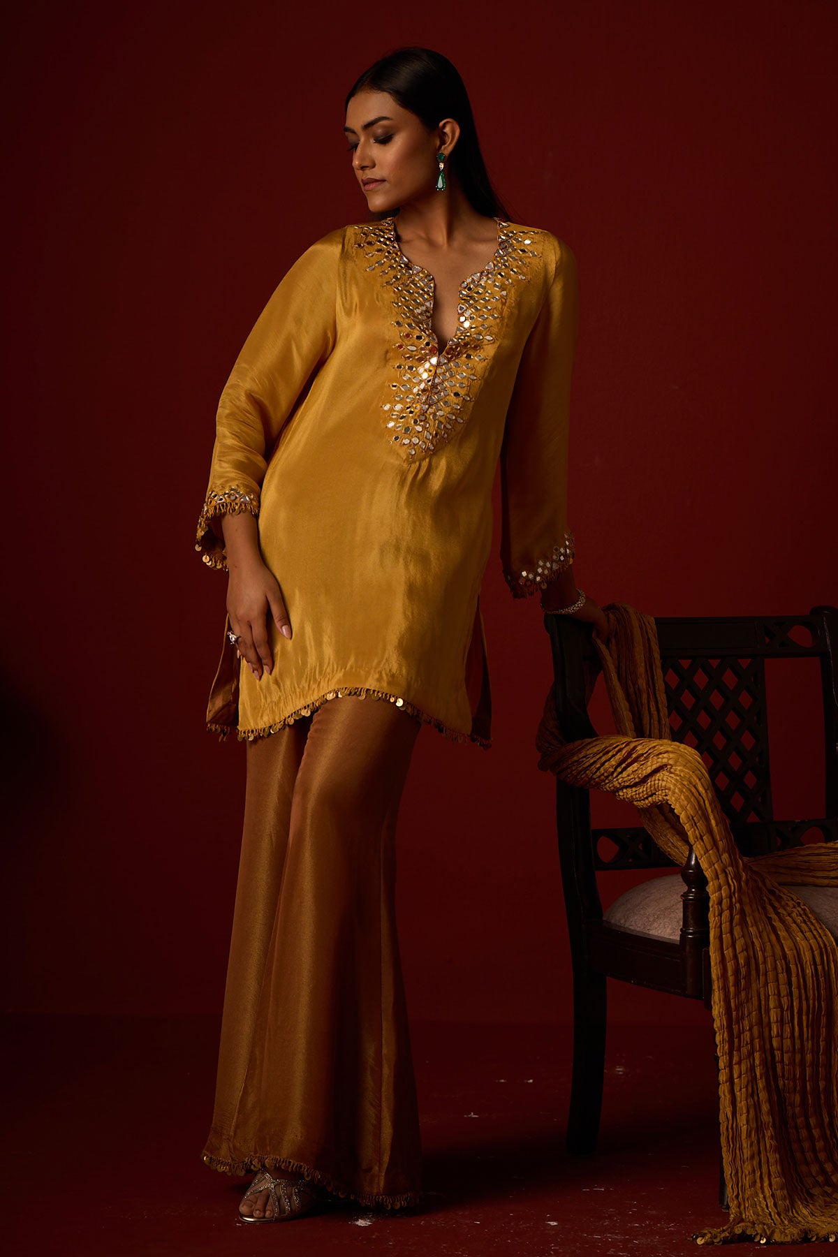 Tissue Mirrorwork Tunic and Chrushed Dupatta and Bandeau and Tissue Bootcut