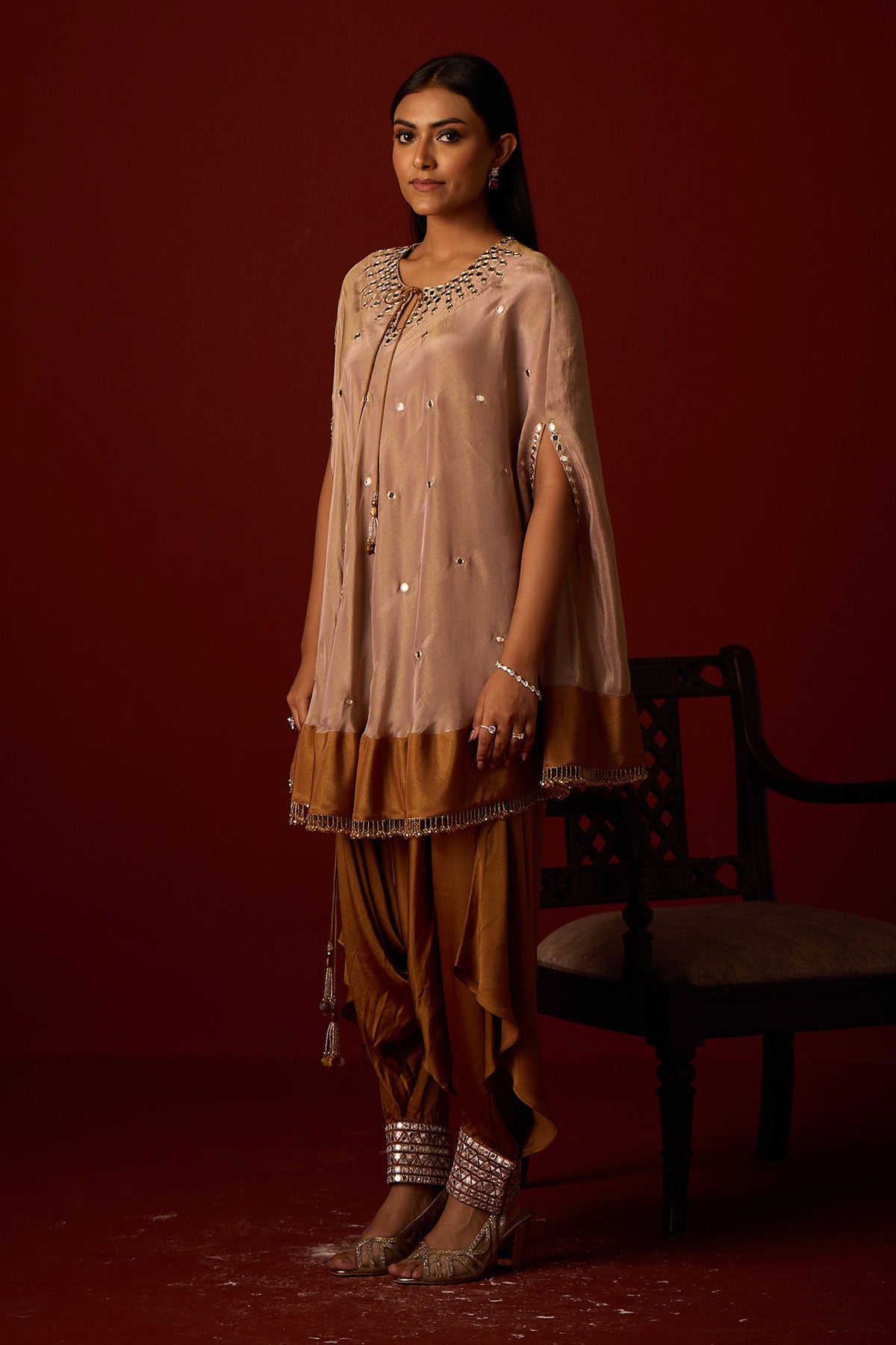 Tissue Mirror Work Round Cape and Inner and Satin Afghani Dhoti pants