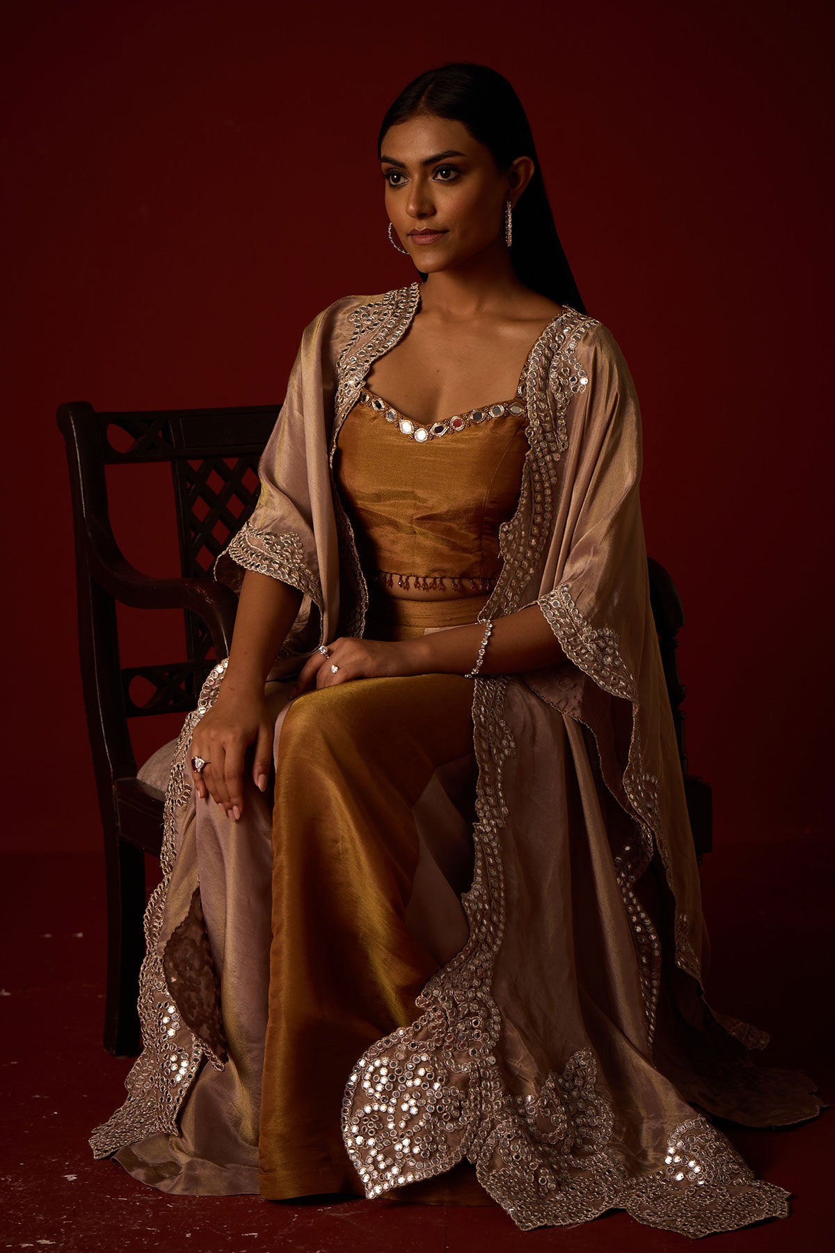 Tissue Mirrorwork Cape and Tissue Mirrorwork Bandeau and Panelled Tissue Palazzos