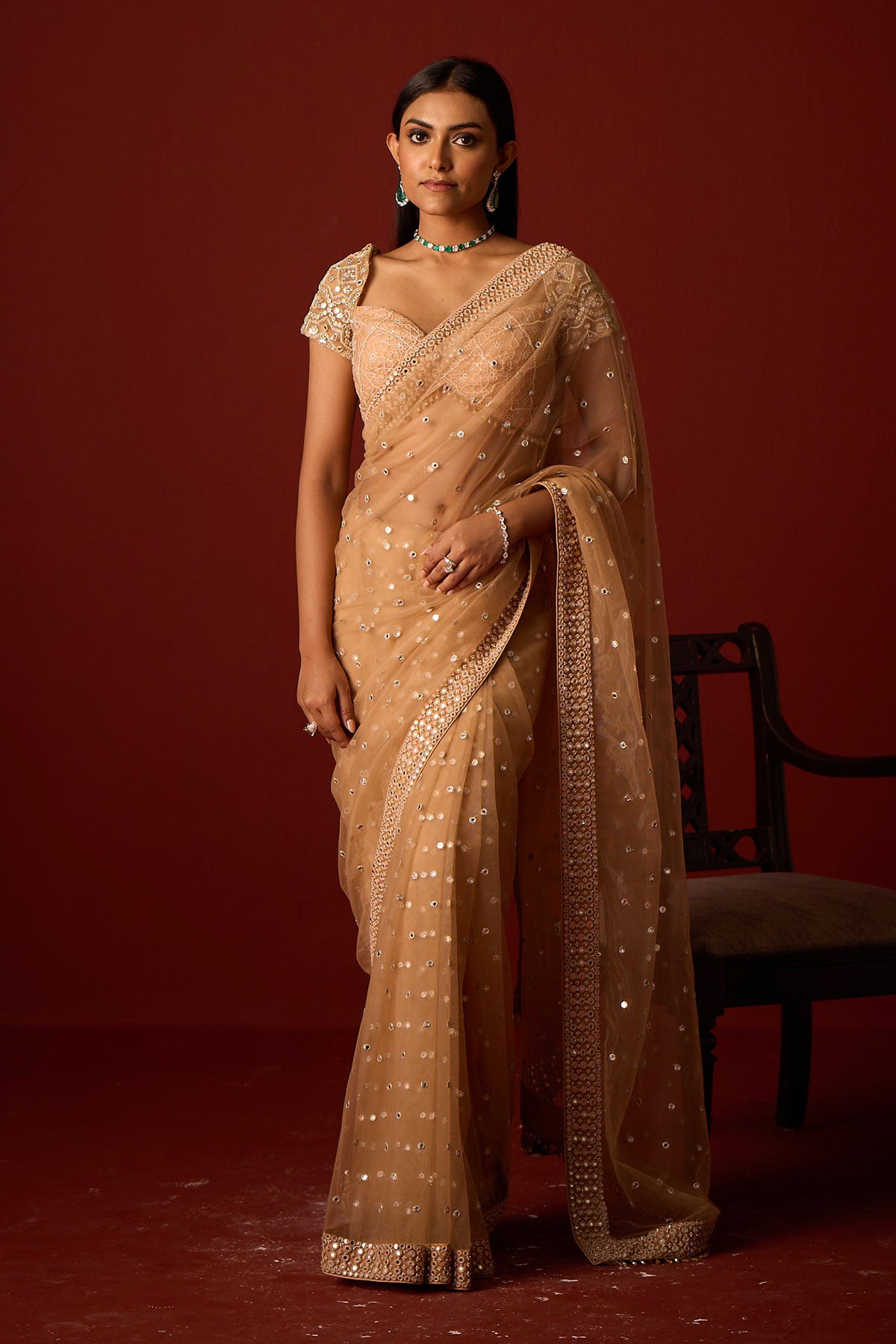 Net Mirrorwork Embellished Saree With Mirrorwork Beadwork Blouse and Embellished Blouse and Satin Box Pleat Petticoat