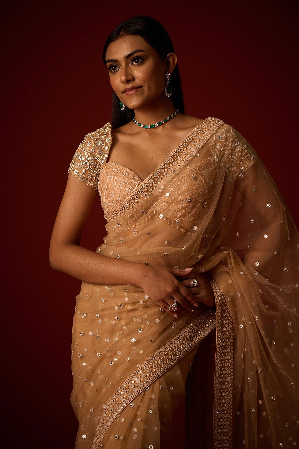 Net Mirrorwork Embellished Saree With Mirrorwork Beadwork Blouse and Embellished Blouse and Satin Box Pleat Petticoat