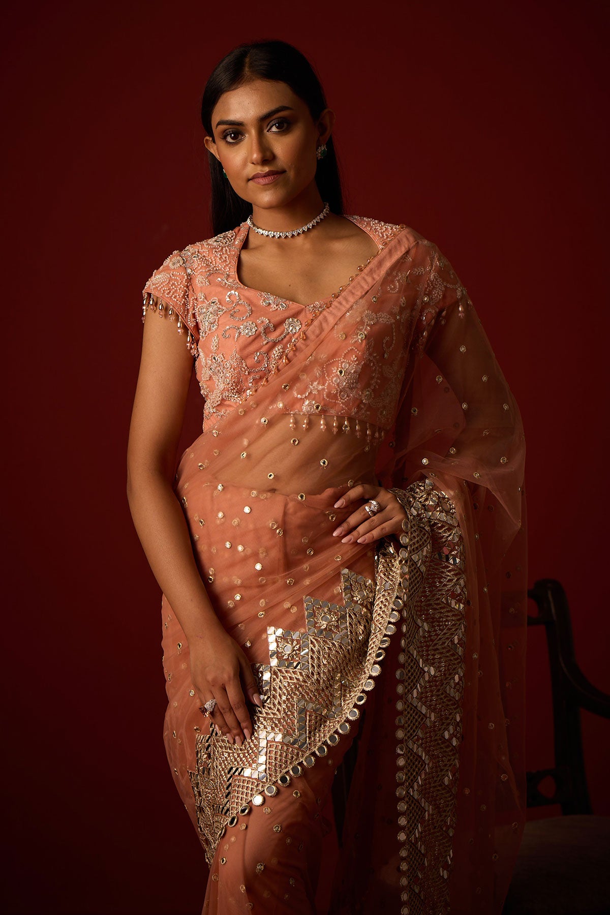 Net Mirrorwork Embellished Saree With Mirrorwork Beadwork Blouse and Embellished Blouse and Satin Box Pleat Petticoat
