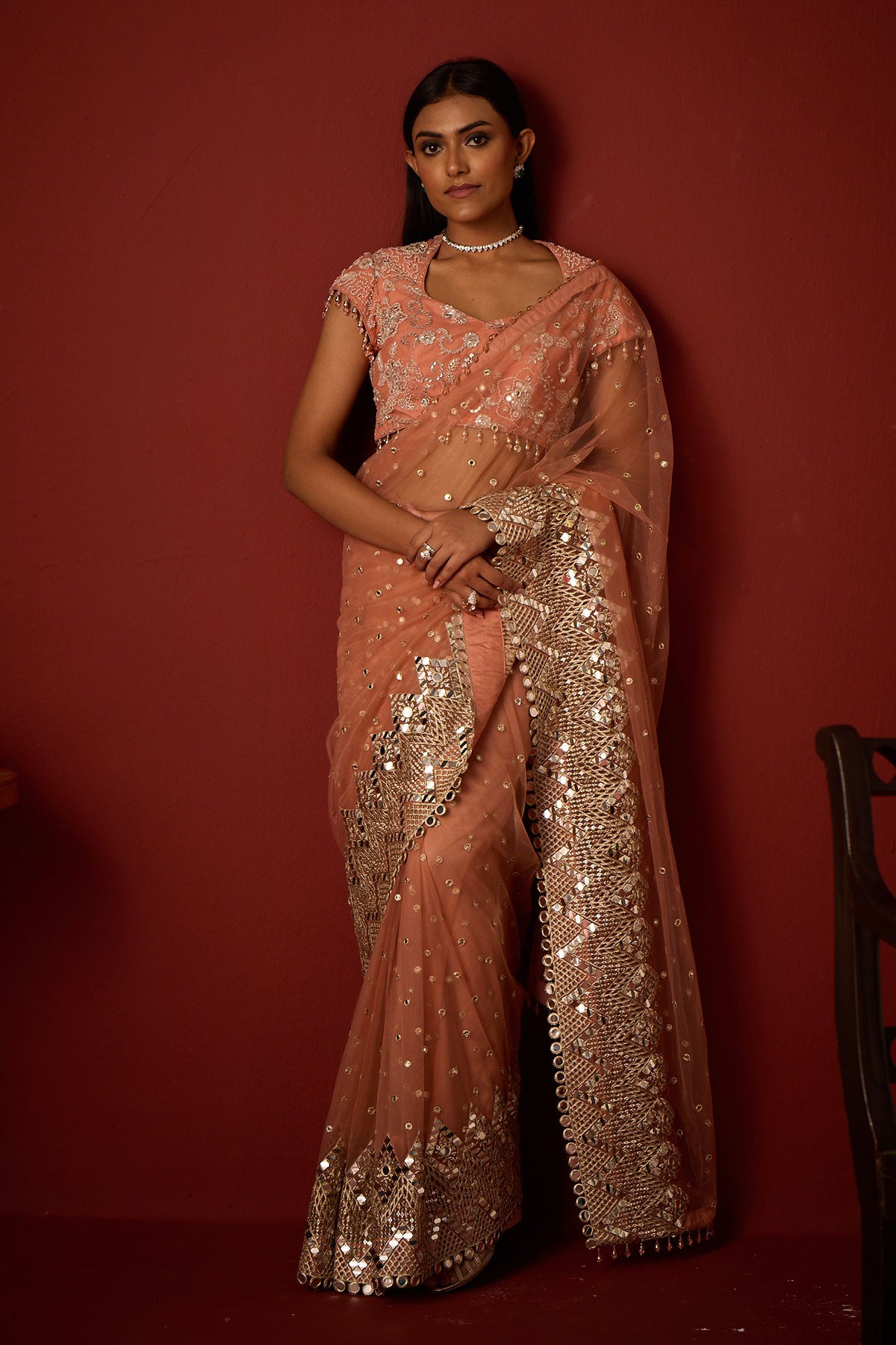 Net Mirrorwork Embellished Saree With Mirrorwork Beadwork Blouse and Embellished Blouse and Satin Box Pleat Petticoat